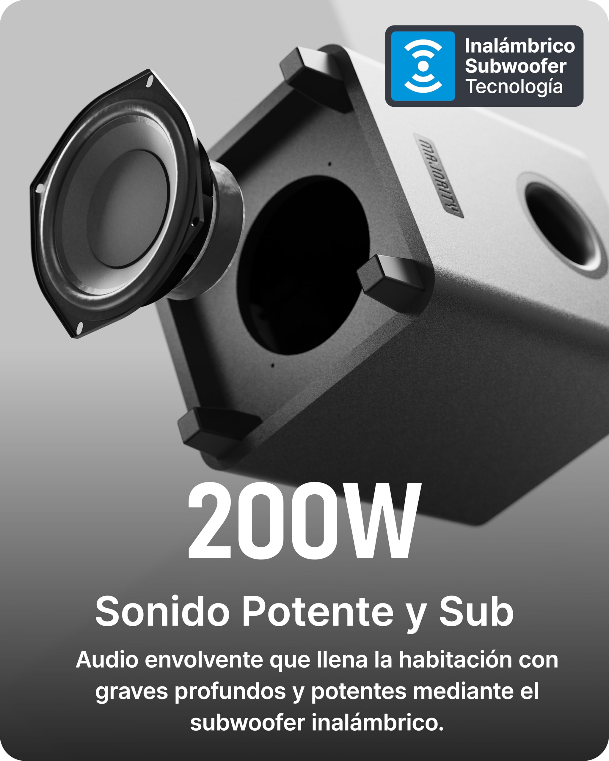 MAJORITY Naga 40 Plus Barra de Sonido TV 200W con Subwoofer Inalámbrico | HDMI ARC, Óptico, AUX, USB | Bluetooth 5.0 | Montaje en Pared | Mando a Distancia y Soportes Incluidos