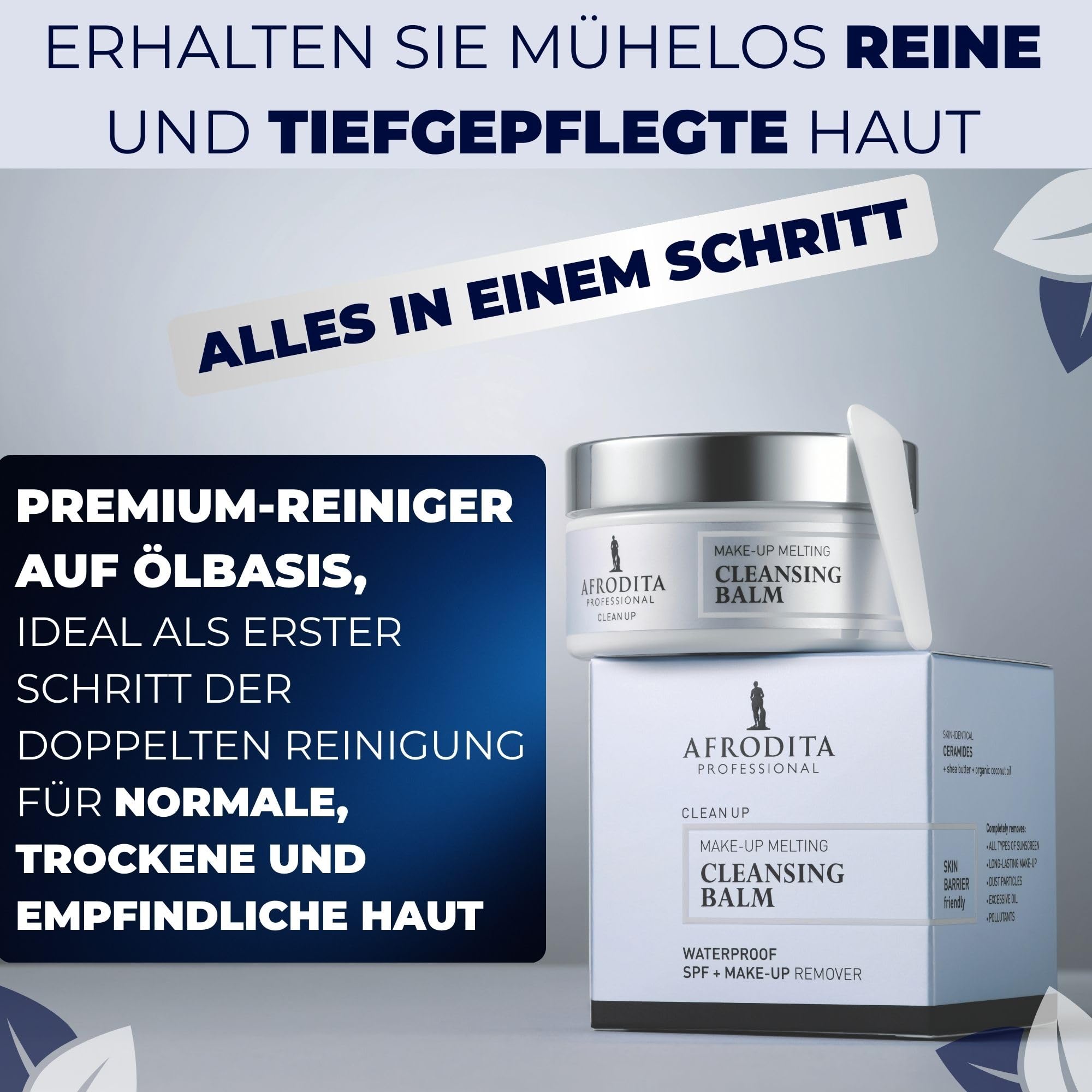 Afrodita Professional Clean Up Cleansing Balm 100 ml, Premium ölbasierter Make-up Entferner & Gesichtsreinigungsbalsam, Waterproof, mit Ceramiden Shea Butter & Kokosöl, für trockene empfindliche Haut