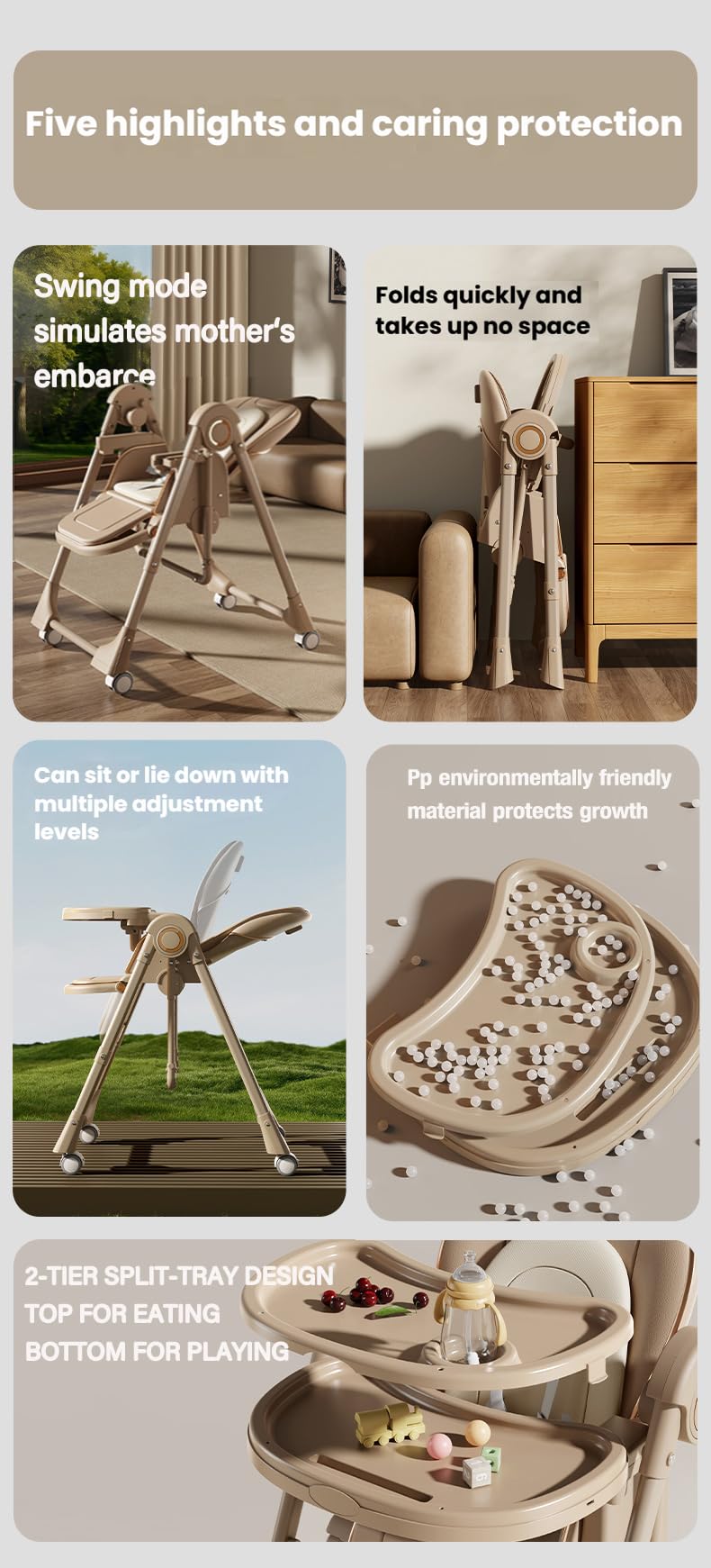 Baby Hochstuhl 2-in-1 Dining Swing Mode, Multifunktional Faltbar Umwandelbar mit 6 Verstellbaren Höhen und 3 Liegepositionen (8121 Khaki)