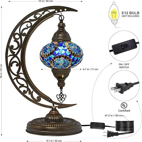 Miniatura 3 de mozaist Lámpara de mesa de mosaico en forma de luna única  Marroquí hecho a mano Tiffany vidrieras con enchufe estadounidense y enchufe E12