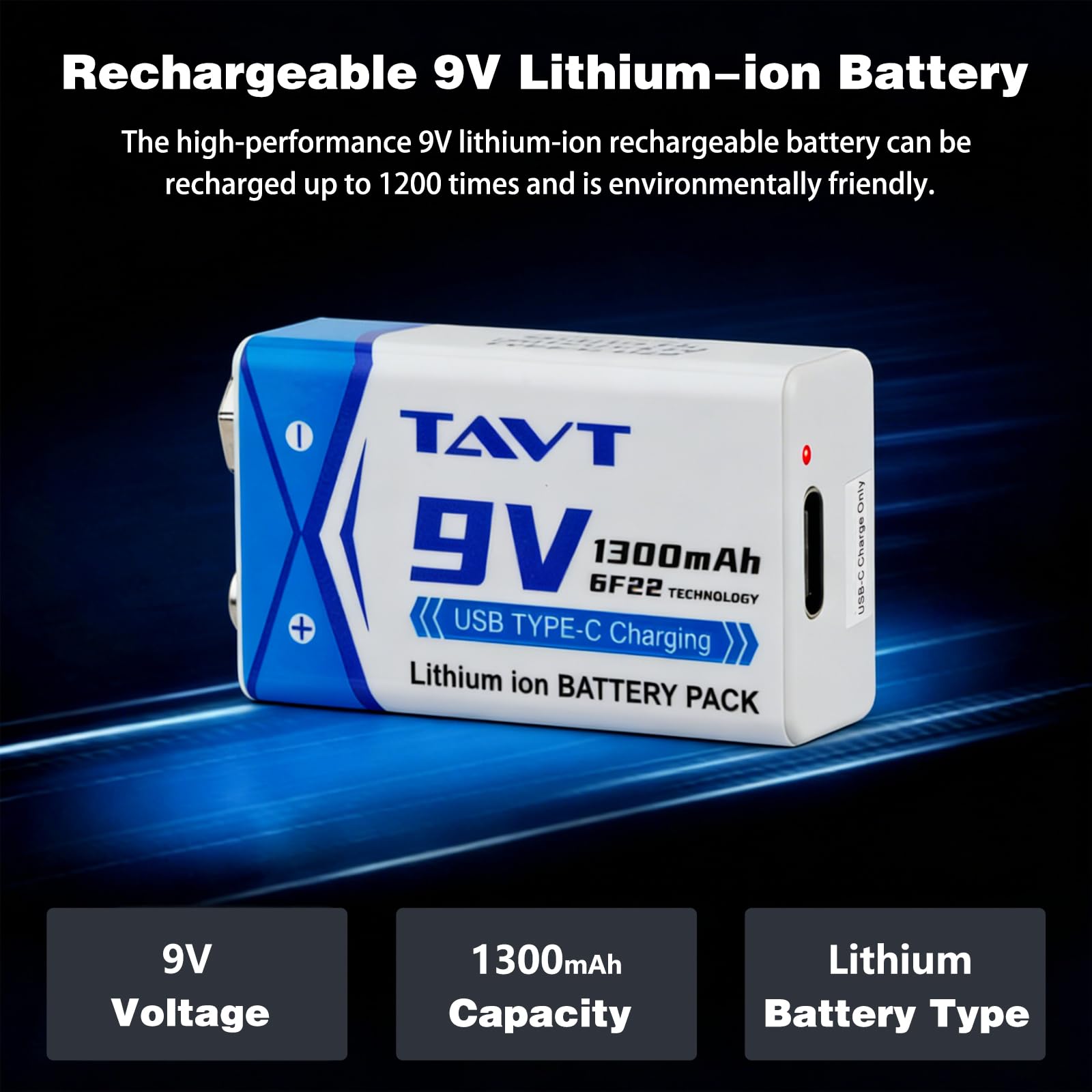 TAVT 2X 9V baterías de 1300mAh con Puerto de Carga USB-C para Juguetes, Detector de Humo, multímetro, walkie-talkies, micrófonos — view 7