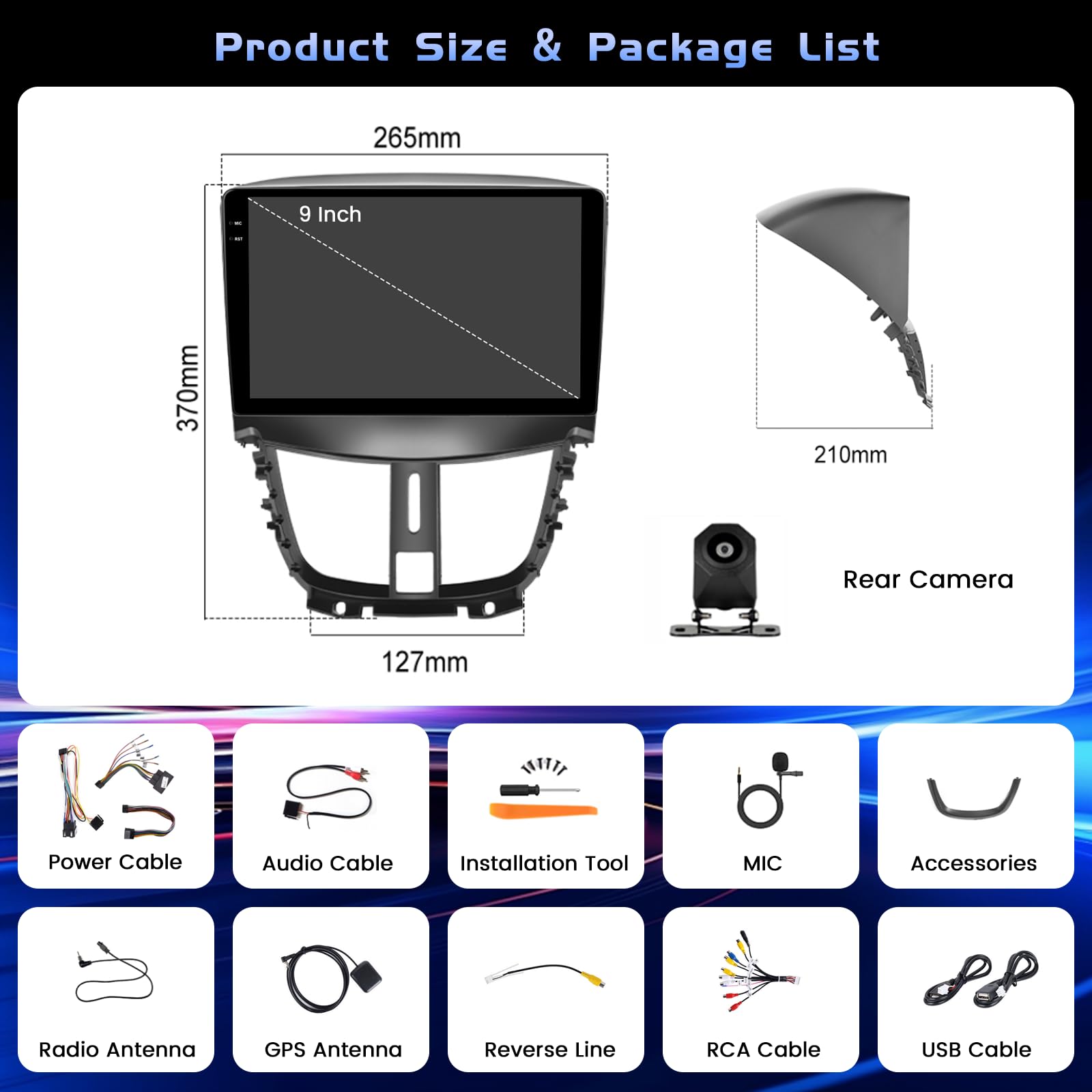 Hikity 4+64G 9" Autoradio Android pour Peugeot 207 2006-2015