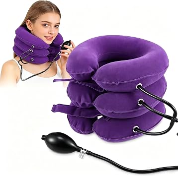 Inflatable Purple Cervical Neck Traction Brace, Adjustable Neck Stretcher for Instant Neck Pain Relief & Spine Decompression, Portable Design for Relax Your Neck Anytime Anywhere at Home Travel Office