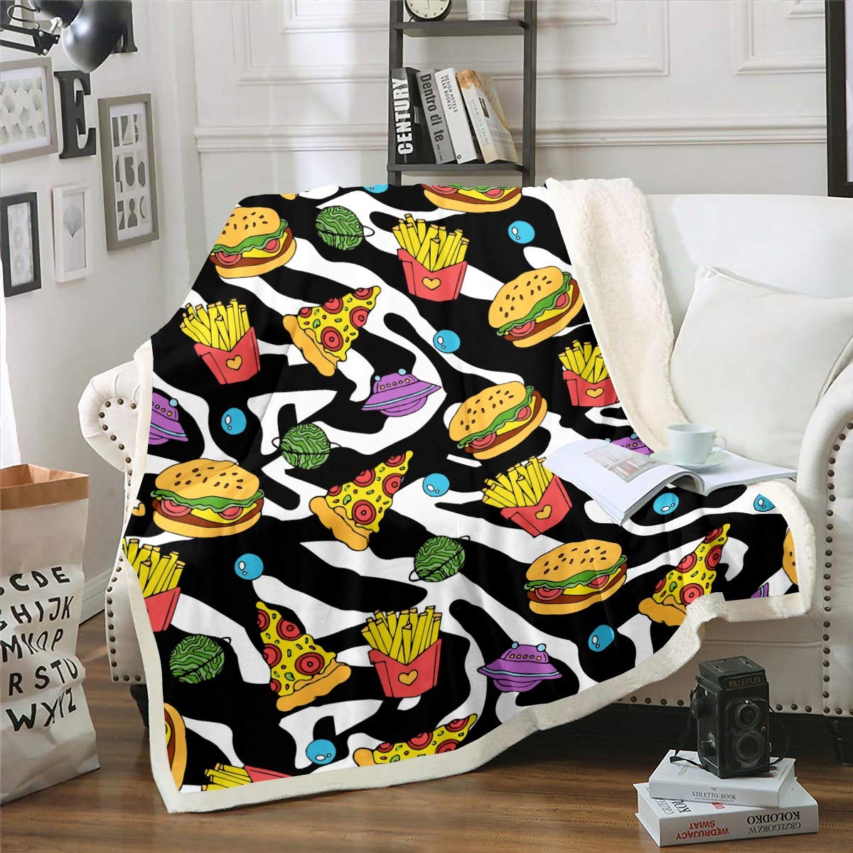 Fast Food Fleece Blankets Kids Boys Girls Hamburg Pizza French Fries Throw Blanket Black White Marble Printed Sherpa Blanket Delicious Food Plush Blankets,Room Decor Fuzzy Blanket Double 60"x79"