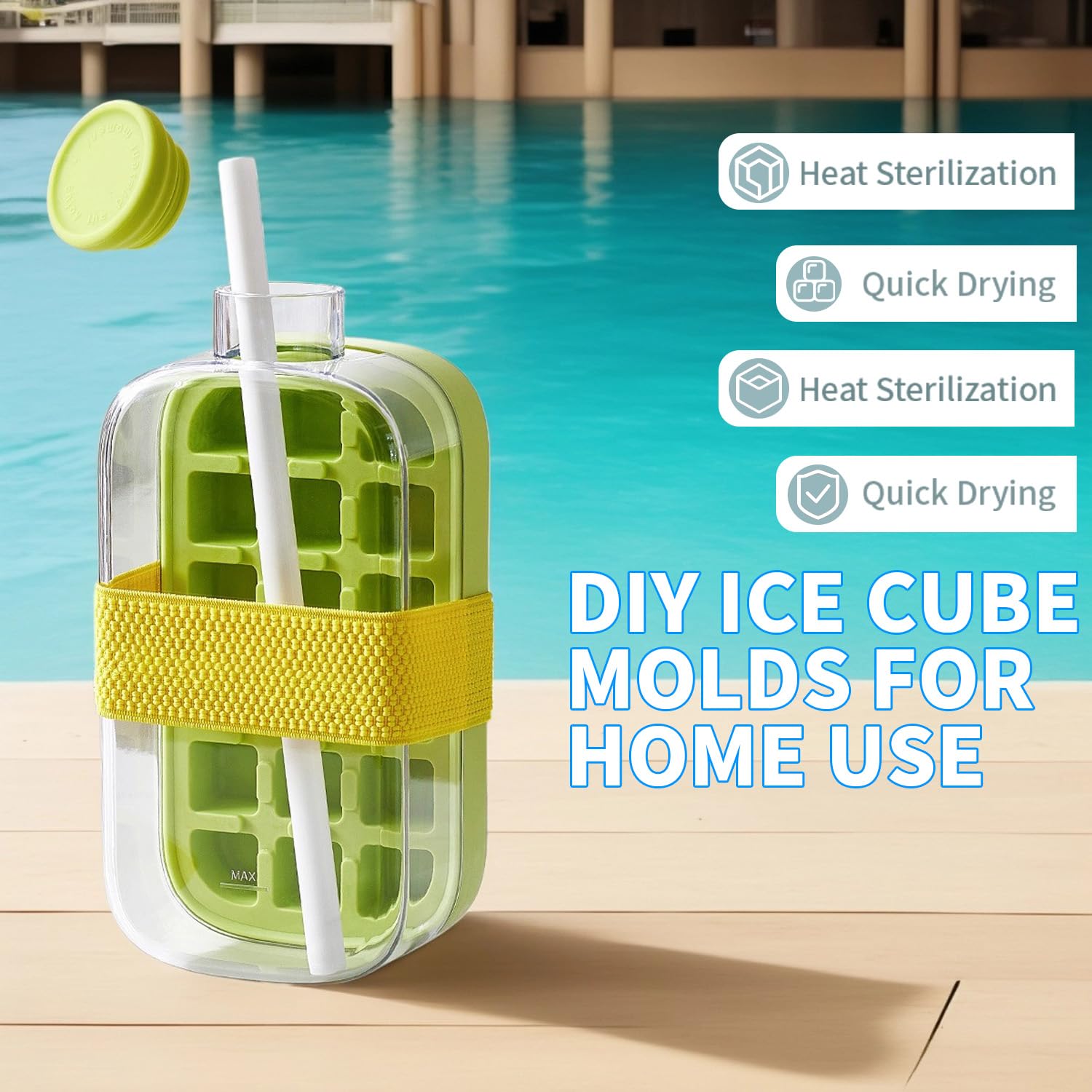 Ice Cube Bottle, 2 in 1 Ice Cube Tray&water Bottle Ice Cube Tray w Lid And Bin, Touch-Free Ice tray, Easy-to-Remove Ice Sphere Mold with Storage Bag (White)