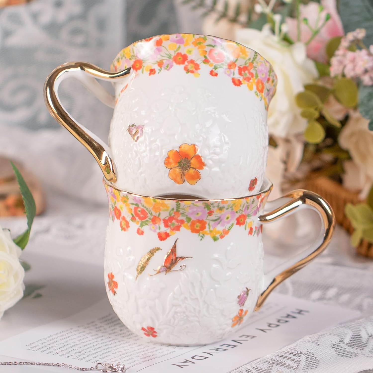 KAMMAK Coffee Mugs Ceramic Novelty Cups 16oz Porcelain Tea Cups Set of 2 Large Cappuccino Mugs with Handle Espresso Mug for Hot Cocoa, Latte, Breakfast Cereal, Americano (Flower)