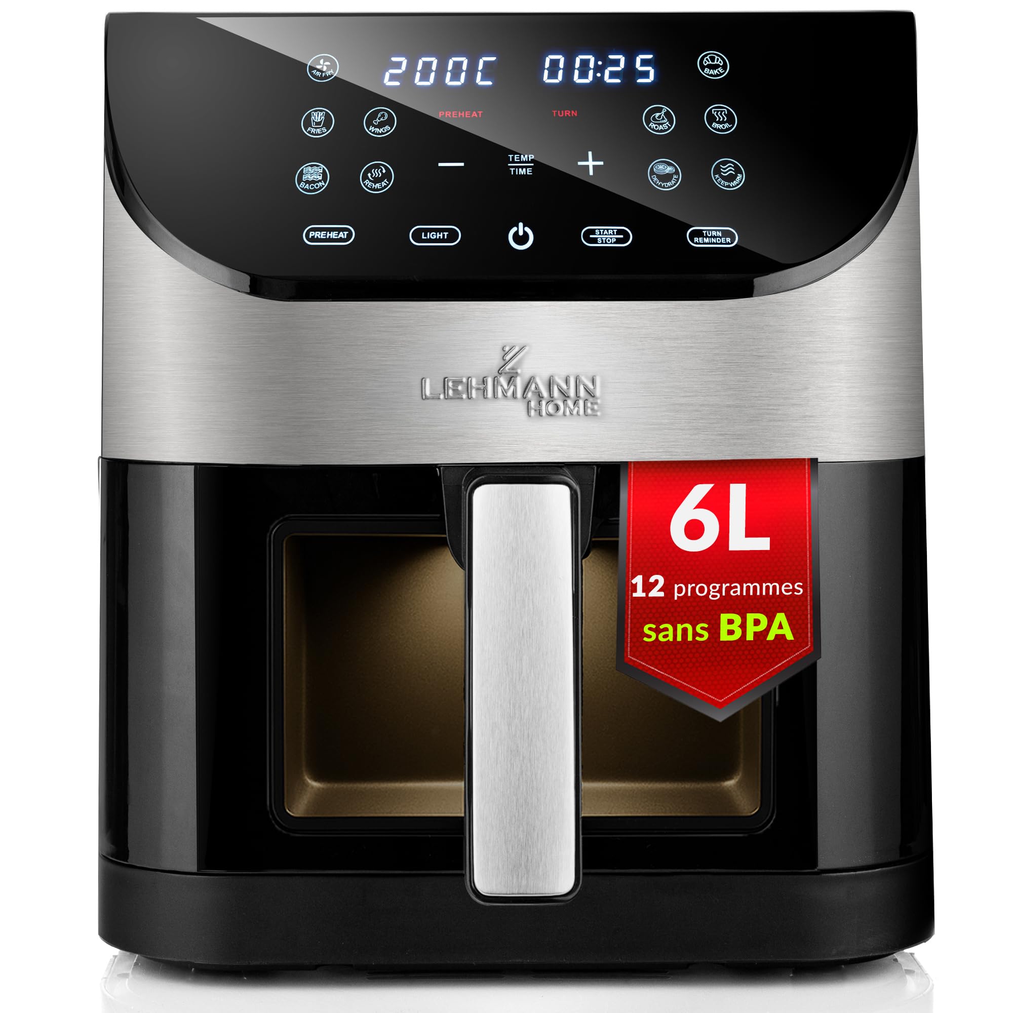 LEHMANN Air Fryer 6L 10-en-1 avec Fenêtre de Visualisation, 12 Programmes, 1500 W, Réglage de la température de 76-200 °C, Minuterie et Écran Tactile LED, 90% de Matières Grasses en Moins