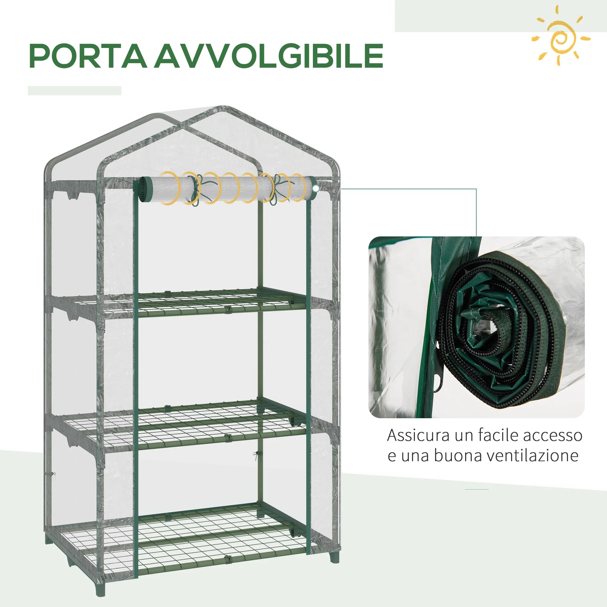 BERARDI | Serra da giardino e balcone rettangolare con telaio in acciaio | 3 ripiani con griglie da appoggio in metallo, Telo trasparente in PVC e comoda apertura a cerniera