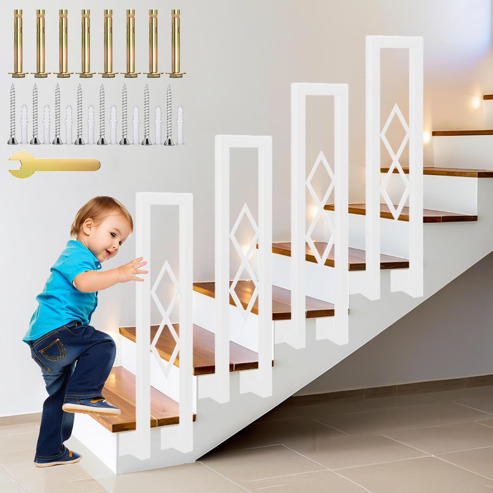 Barandilla de Escalera en Forma de U, Hierro Forjado Pasamanos con Diseño Diamante, Parapeto Interior para Loft, Balcón, Balaustre Exterior, Instalación Lateral (Blanco, 75cm)