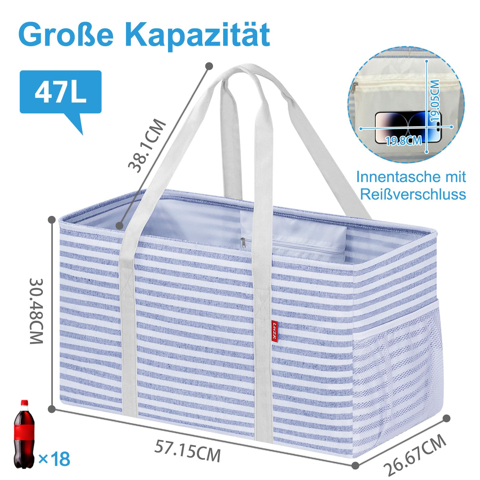 Panier à provisions pliable avec cadre en fil métallique et fond renforcé - Grand panier de transport avec poignée - Idéal pour le shopping, les pique-niques, la plage, le camping (bleu)