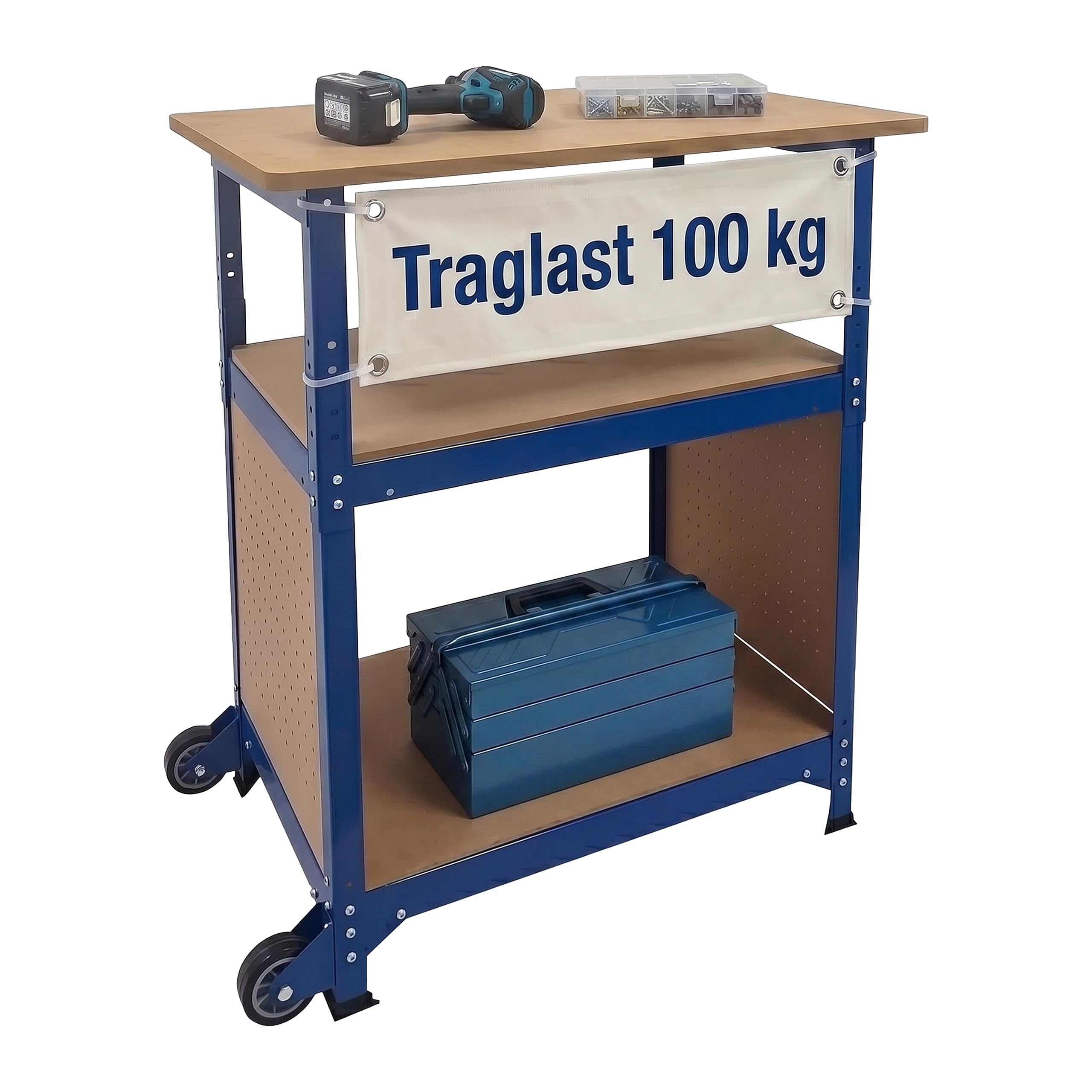 Relaxdays Werkbank, mit Rollen, HBT: 69,5x72,5x50 cm, höhenverstellbar, Werktisch mit Lochwand, Stahl & MDF, blau