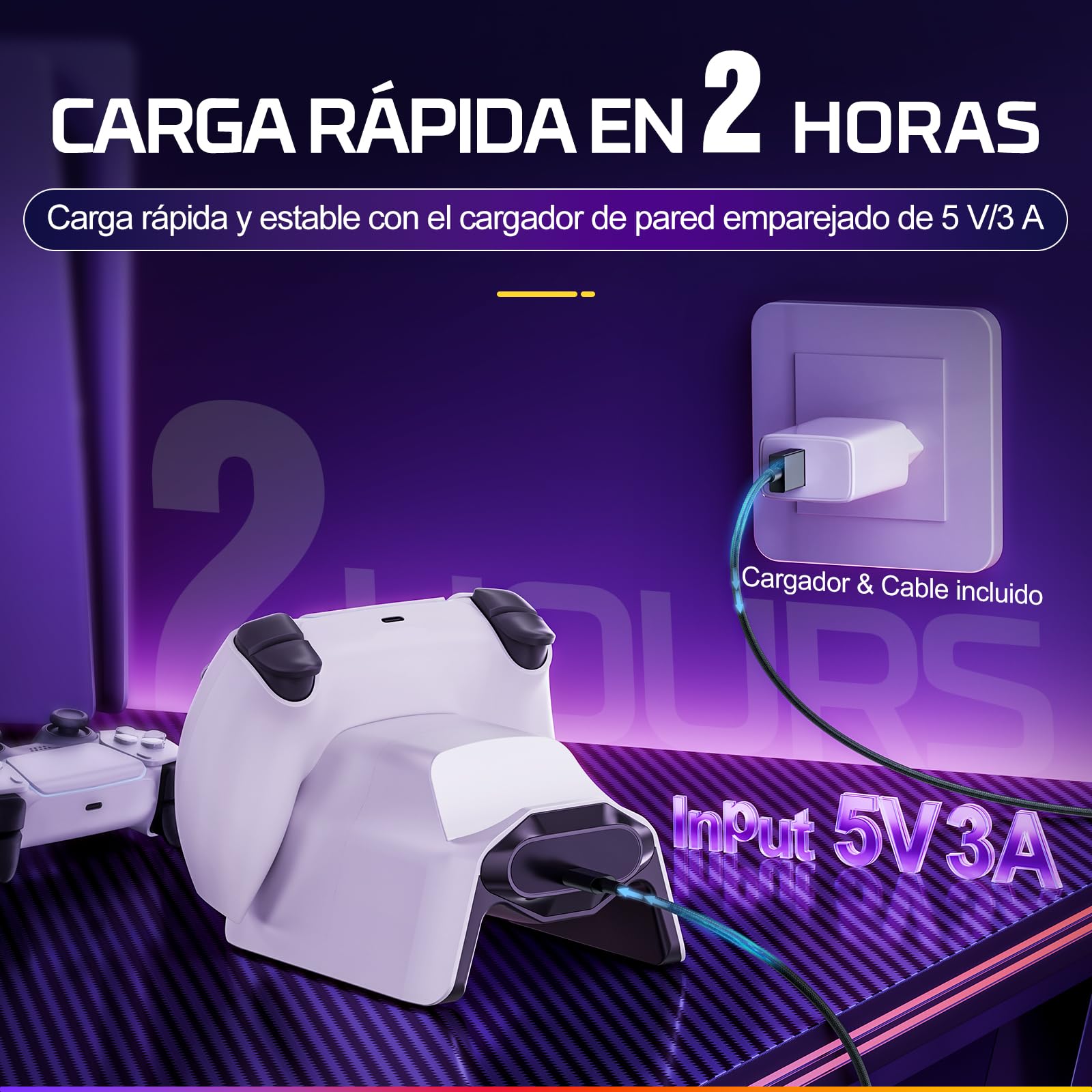 Fachixy Cargador de Controlador para PS5, Base de Carga rápida de 2 Horas para PS5 DualSense, estación de Carga con enchufes y Cables Individuales, con indicador LED