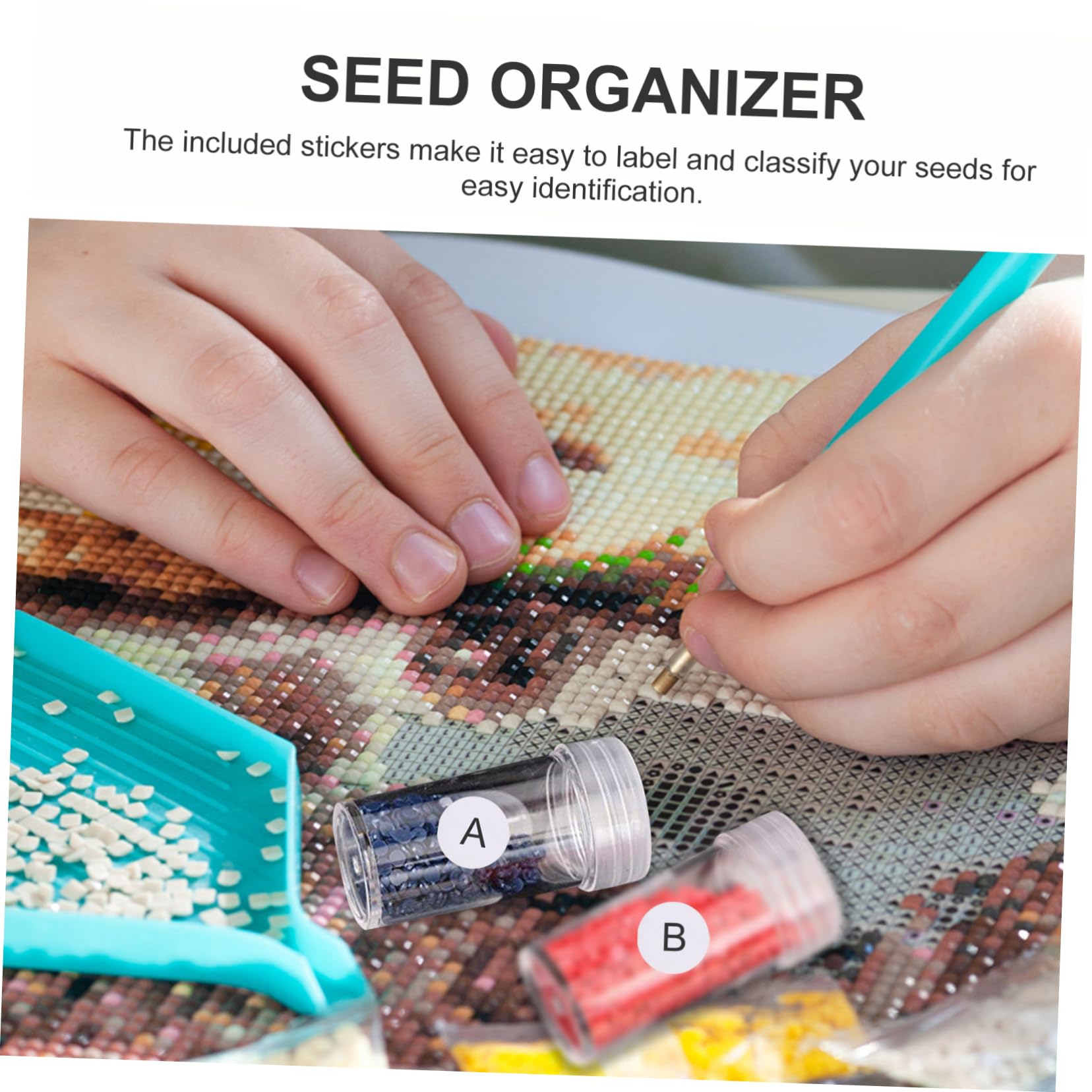 HOMSFOU 1 Set Scatola Organizzatrice Trasparente con Divisori per Craft e Piccoli Contenitore Diy con Bottiglie Rotonde e Adesivi per Etichettatura