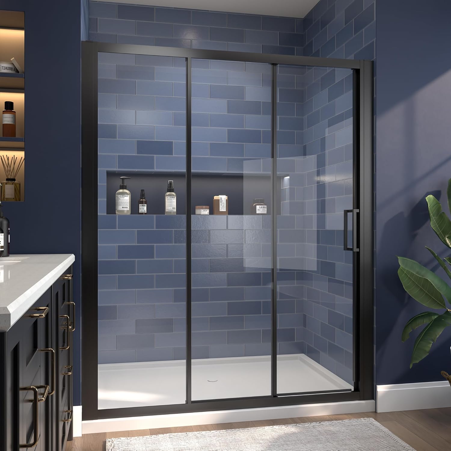 56"-60" W x 70" H Triple Folding Sliding Shower Door, 1/4" (6mm) SGCC Tempered Glass Shower Door with 32 1/8" Walk-in Width Matte Black, Reversible, No-Cut Width Adjustment, Stainless Handle