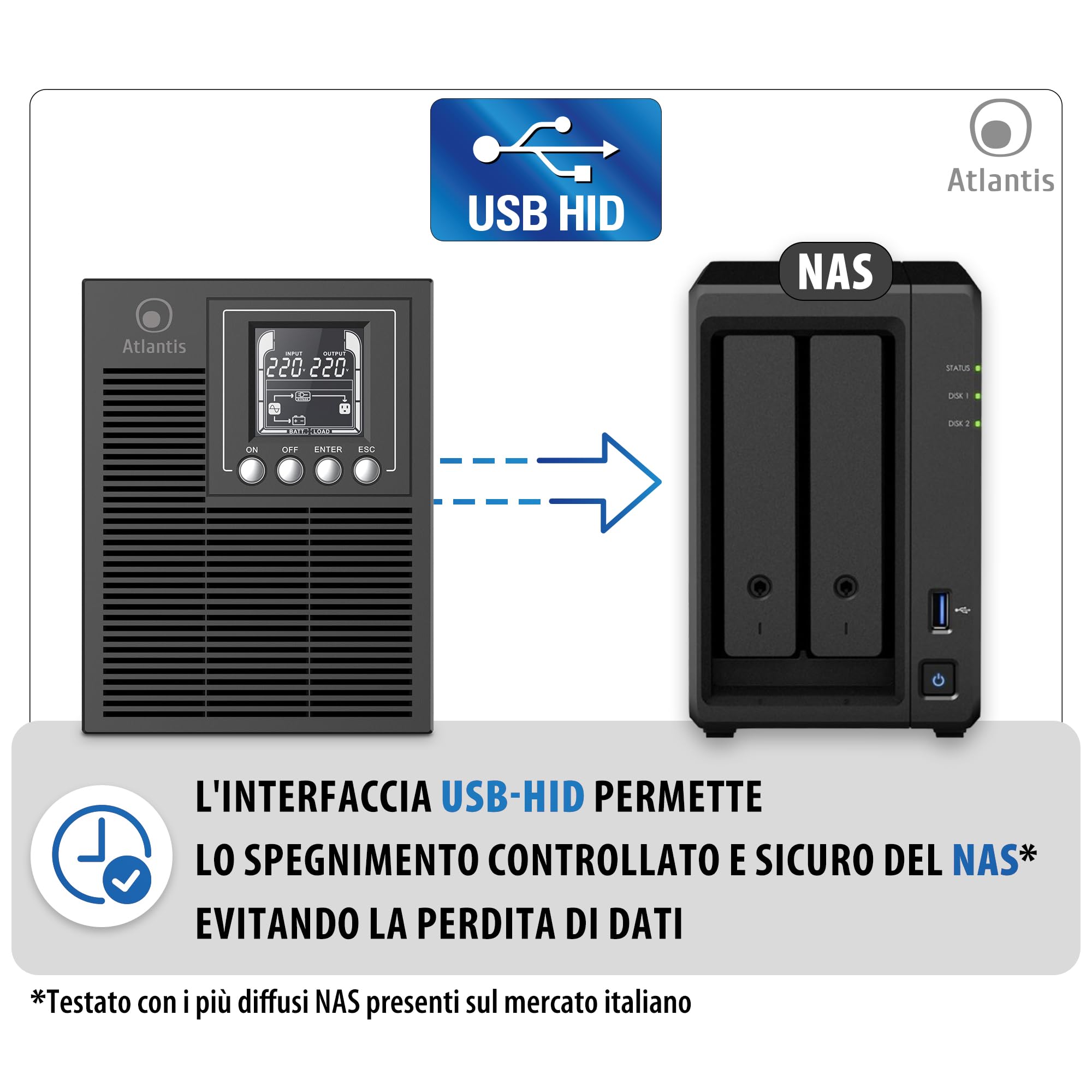 Atlantis A03-OP1002XLN UPS OnLine 88% Più Silenzioso Gruppo di Continuità Server Doppia conversione Onda Sinusoidale Pura 1000VA 700W, Ventola Low Noise Gelid 23,6 dbA,USB,2 Schuko + 1 IEC, 2x12V-9Ah