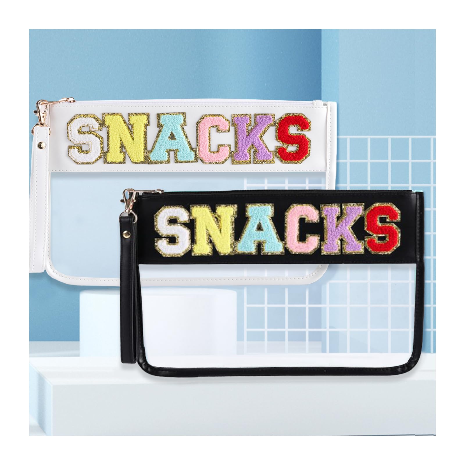enttgoSnack Bags Clear Travel Pouch Makeup Bag Chenille Letter BagsWith Zipper,2PCS Cosmetic Bag for Women Girls,with Glitter Patch Letters(Black and white)