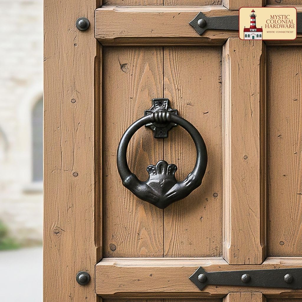 "Mystic Colonial Irish Claddagh-Style Medieval Cast Iron Door Knocker (1 Pc) | Black Rust-Protective Coating, Heavy Vintage Hardware for Front Doors, Gates, Cottages & Farmhouses"
