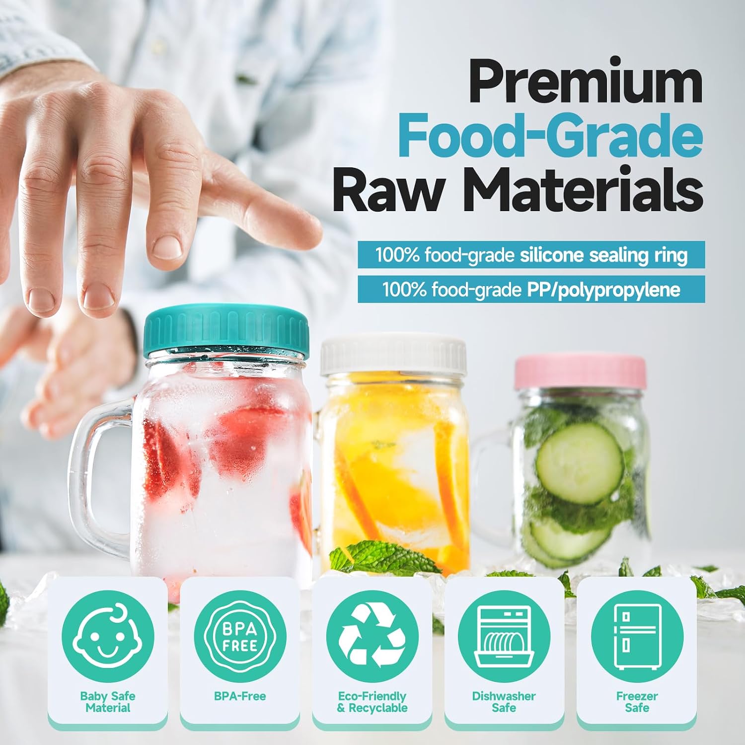 [16 Piece]8 Wide Mouth + 8 Regular Mouth Mason Jar Lids, Multi Color Plastic Lids for Mason Jars with Silicone Rings, Thickened Leak-Proof Canning Lids Regular Wide Mouth