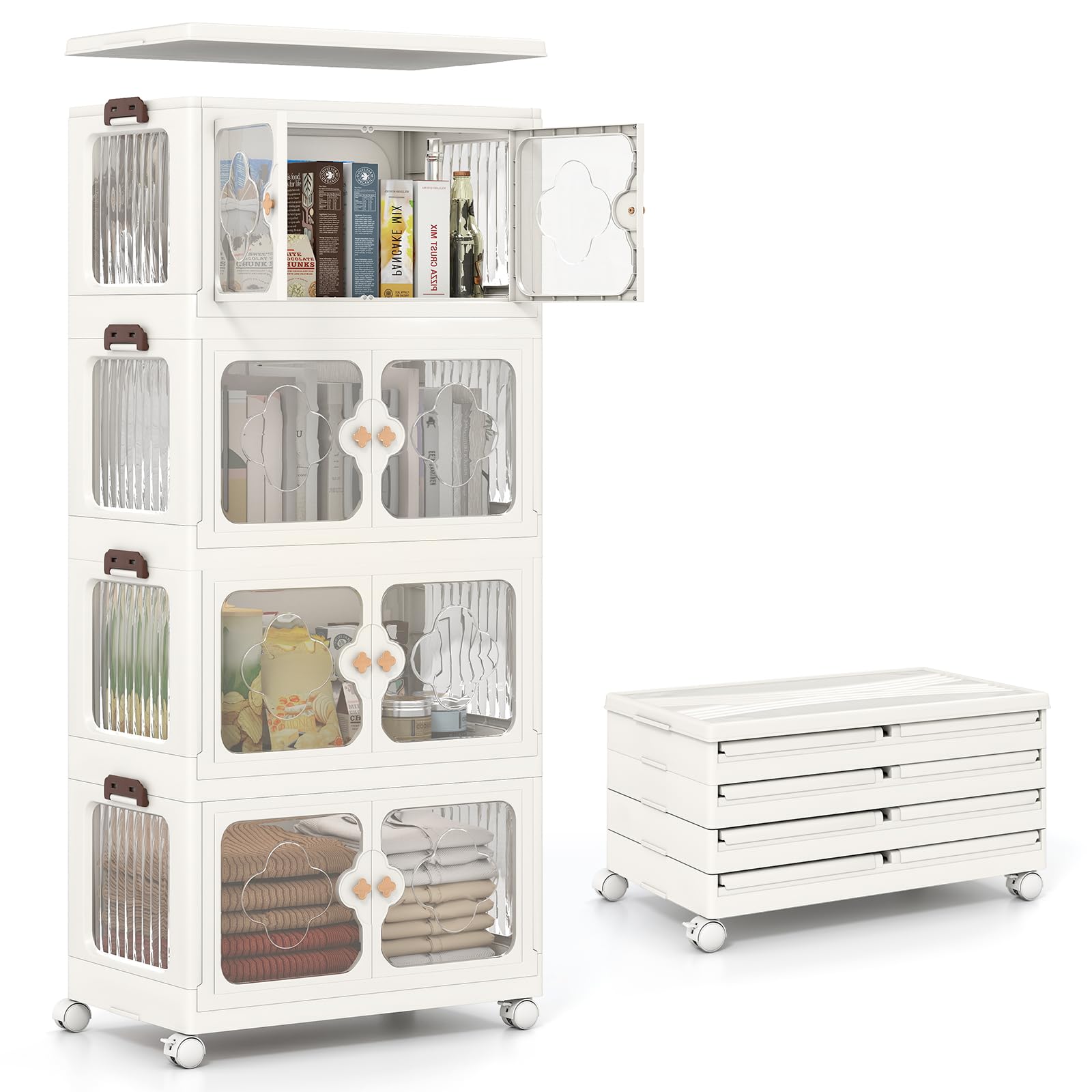 CASART Stackable Storage Boxes with Lids, Folding Plastic Bins on Wheels, Collapsible Storage Organizer for Bedroom Living Room Closet, Easy Assembly (4-Tier)