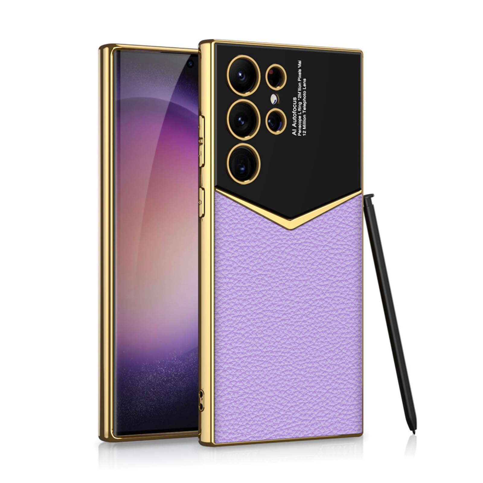 for Samsung Galaxy S24/S24 Plus/S24 Ultra Phone case, Fashionable electroplated Plain Leather, Jazz Carbon Fiber Pattern Anti-Drop Protective case(no Pen) (Purple,S24)