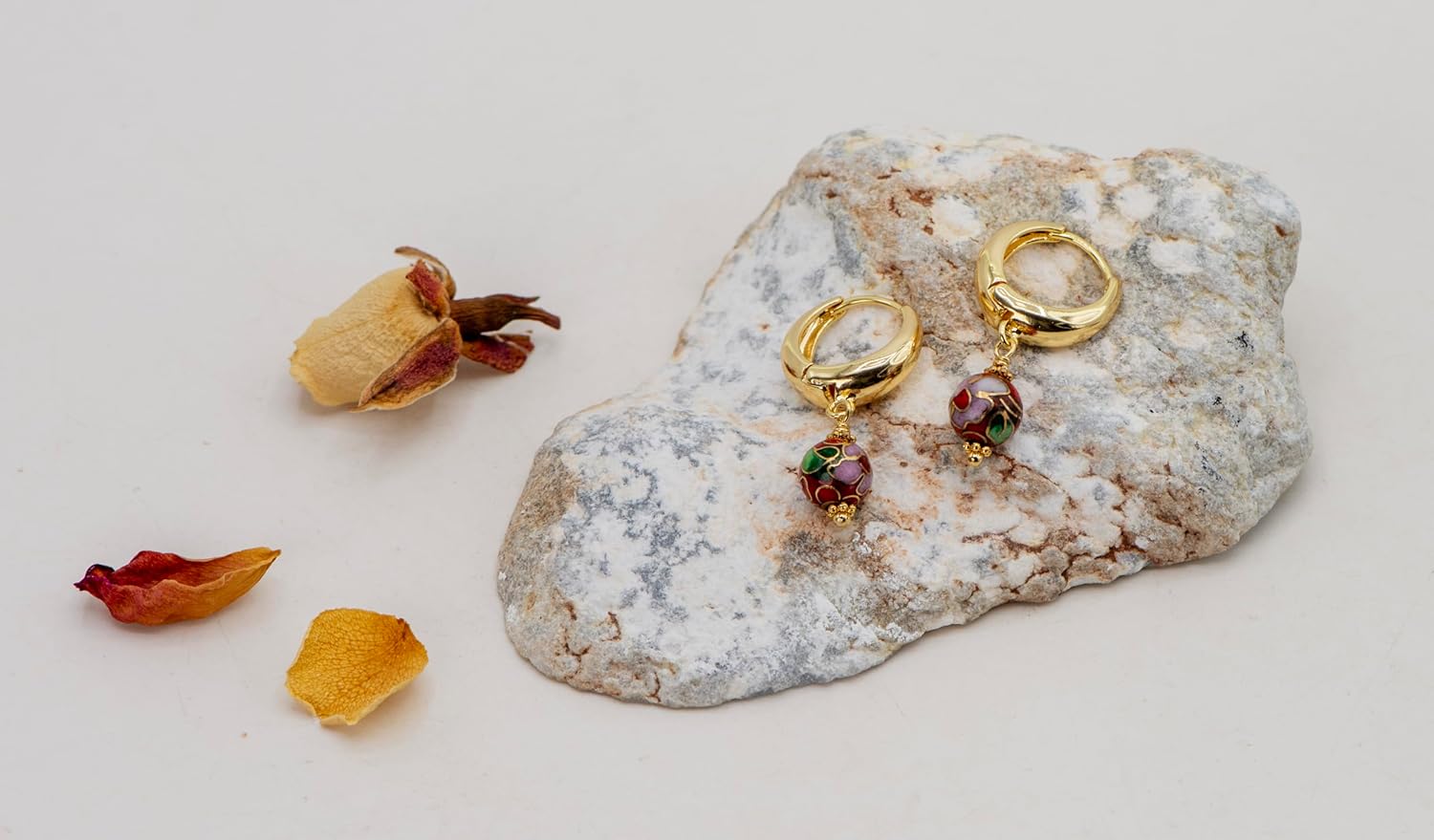 Gold-tone Huggie Hoop Earrings with 8mm Enameled Floral Cloisonne Drops