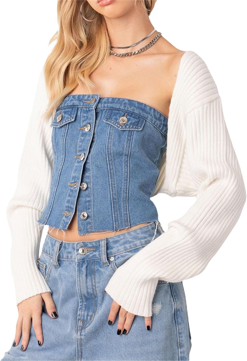 Women's Short Open Front Shrug Cardigan Long Sleeve Solid Slim Shape Casual Street Style Diamond Decor Cardigan Sweater
