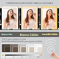 Vista 4 de Escritorio de tocador con espejo con luces LED y toma de corriente, pequeño juego de mesa de tocador de maquillaje con cajones de almacenamiento