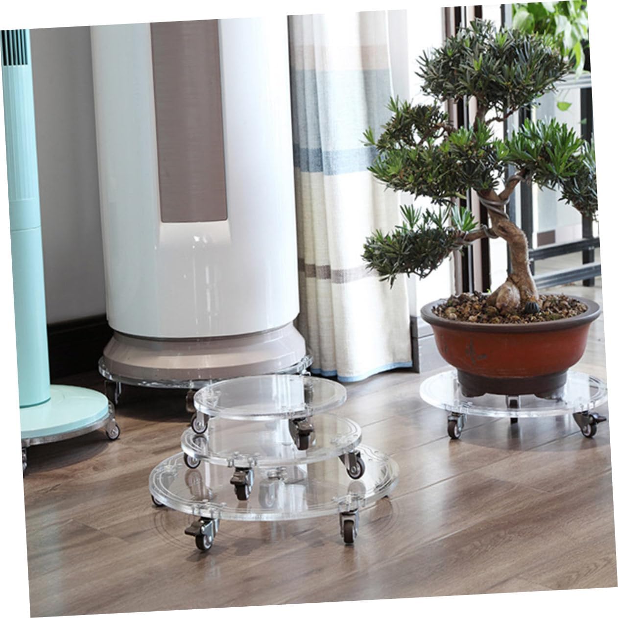 Homoyoyo Movable Flowerpot Base Tray with Wheels Round Transparent Acrylic Plant Support for Easy Indoor and Outdoor Gardening Durable and Easy to Clean