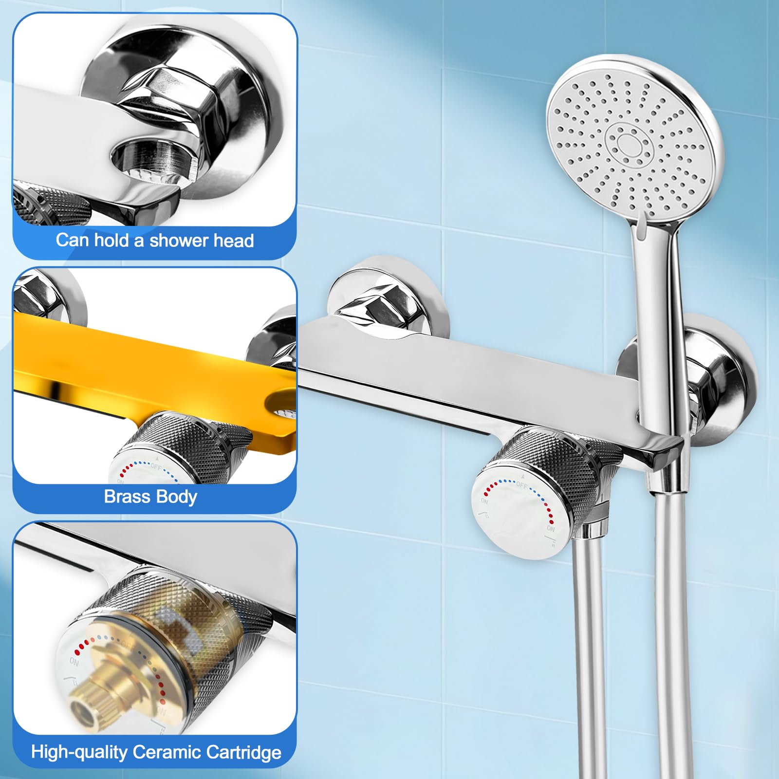 Mitigeur Baignoire, robinet cascade avec douchette, Robinet Baignoire avec Douchette 5 Jets, Robinet Salle Bain Baignoire Mural avec Flexible 1,5m, Robinet de baignoire (Chromée)