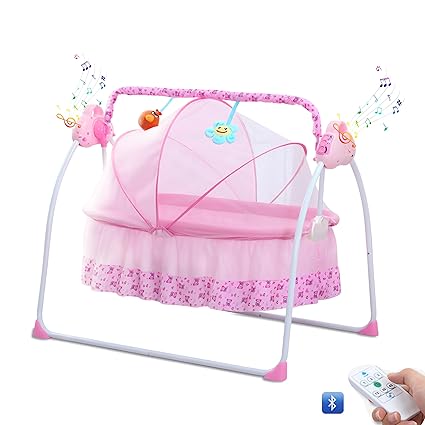 OYDAS Baby Cradle Swing,portable folding Baby Baby Swing,Automatic Swing Electric Crib Cradle,Music Crib Crib+Bluetooth, Suitable for Newborns 0-24 Months with 5 Swing speeds (Pink)