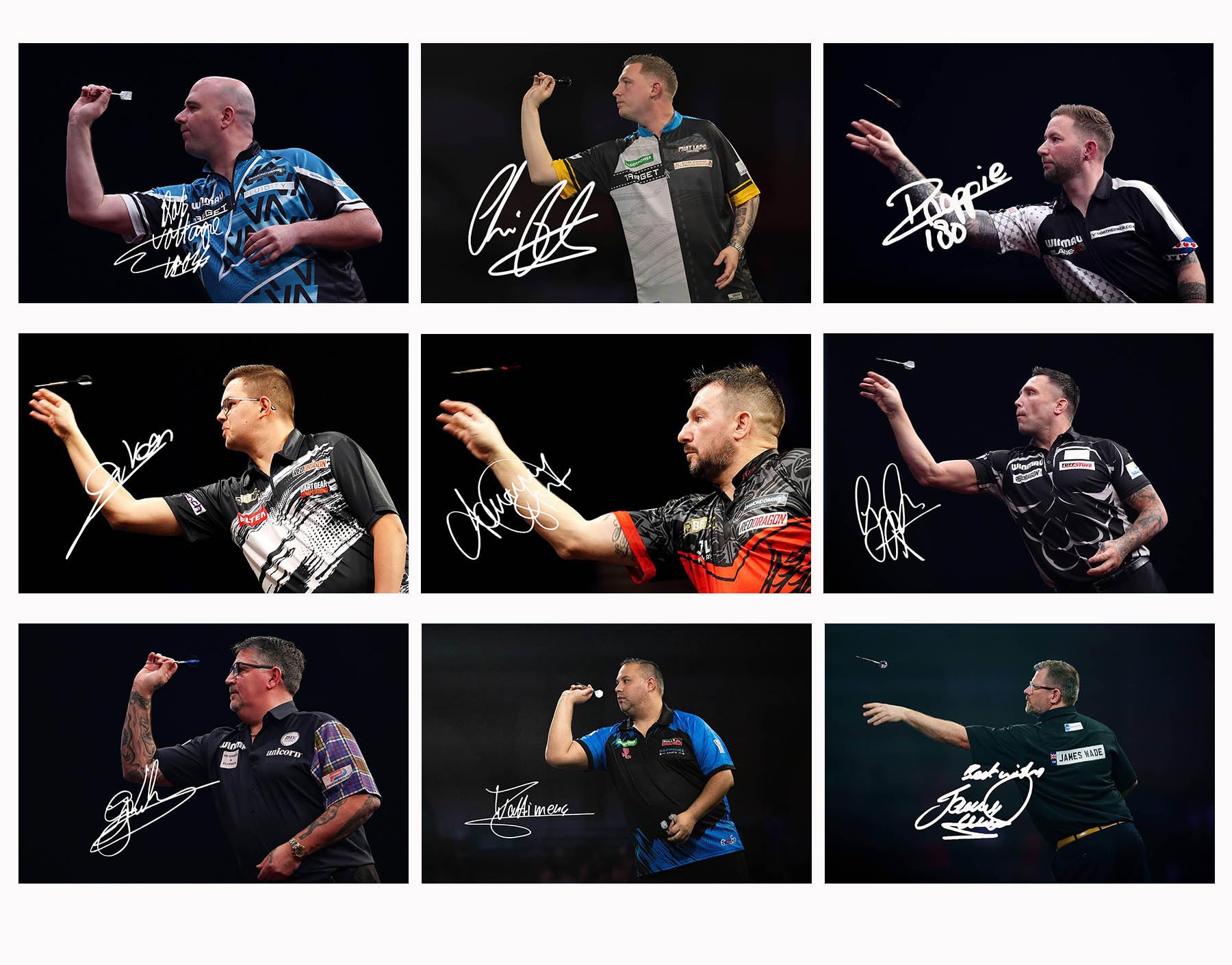 Set of 20 Top Current Darts Players Signed 6X4 Inch Photo Prints With Pre Printed Signatures That Would Make A Great Autograph Gift For Any Fan.