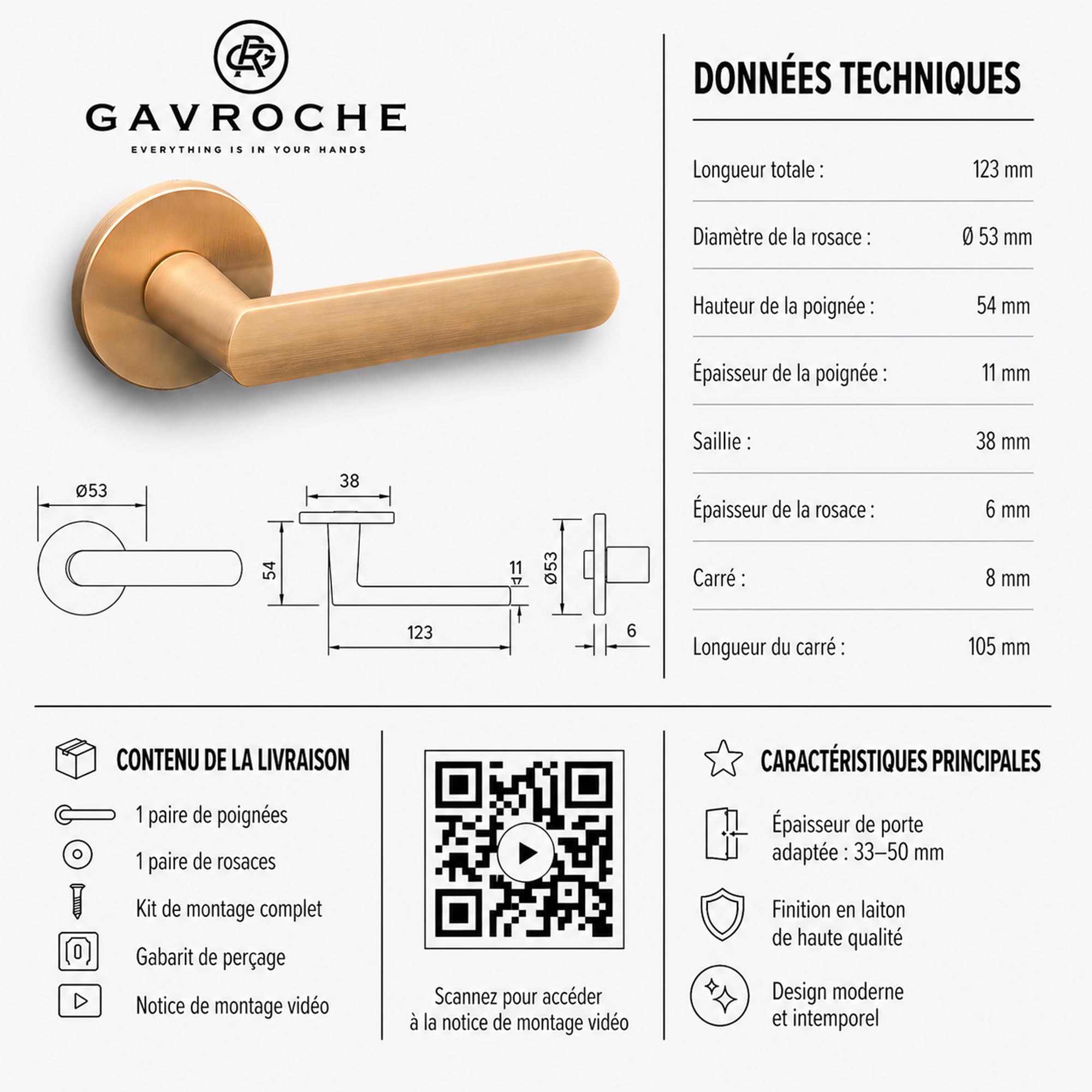 Gavroche Poignee de porte interieur or mat avec fermeture WC clanche de porte intérieure en zinc - Ensemble béquille de porte style moderne Garniture de rosace ronde ferrure de porte (condamnation WC)