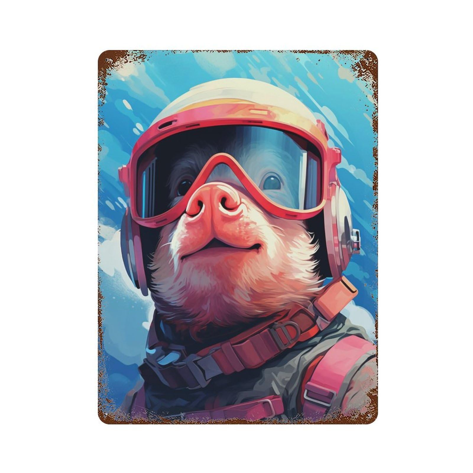 Vintage Rust Metal Sign Pig Astronaut Helmet 15.7"x11.8", Old School Wall Decor for Office, Studio And Wall Decor