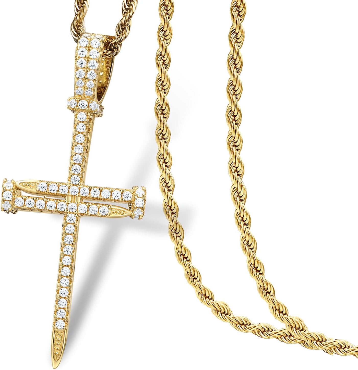 925 Sterling Silver Nail Cross Pendant Necklace Chain for Men Women Iced Out 14K Gold White Gold Plated Christian Jewelry with Gift Box