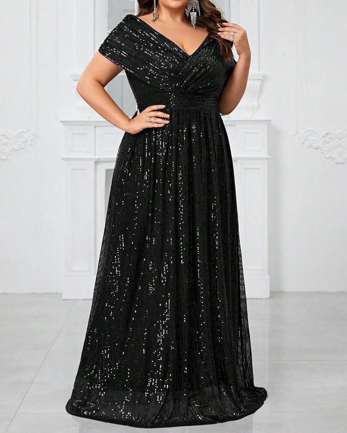 Plus Size Sequin Evening Gown for Women, V-Neck Short Sleeve Maxi Formal Dress for Wedding Guest, Party, Prom Dress - Image 3