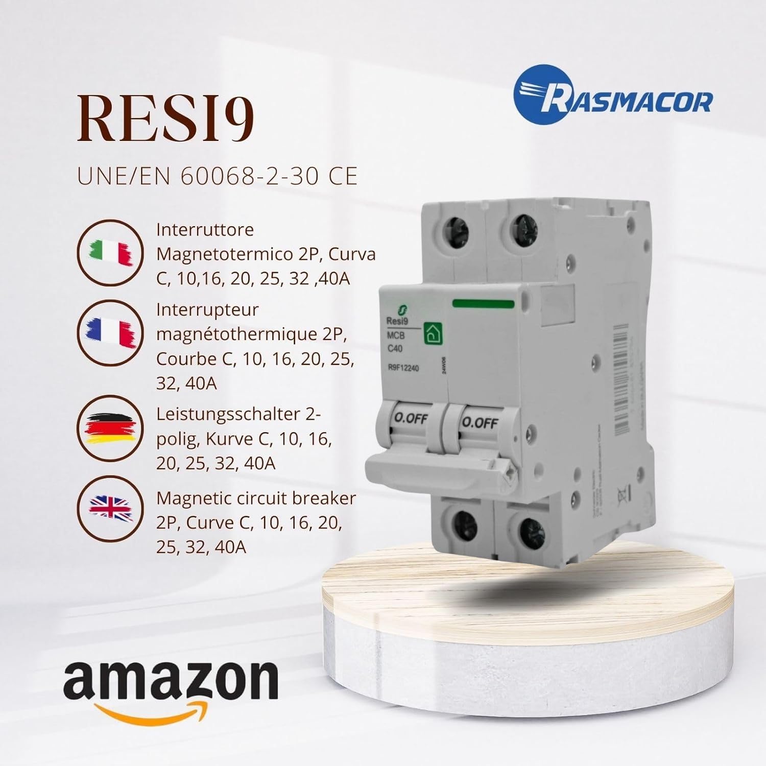 RASMACOR | Interruptor Magnetotérmico Residencial 2P 40A | RESI9 R9F12240 | CURVA C | Frecuencia 50/60HZ | Norma UNE/EN 60898-1 CE | 40 Amperes