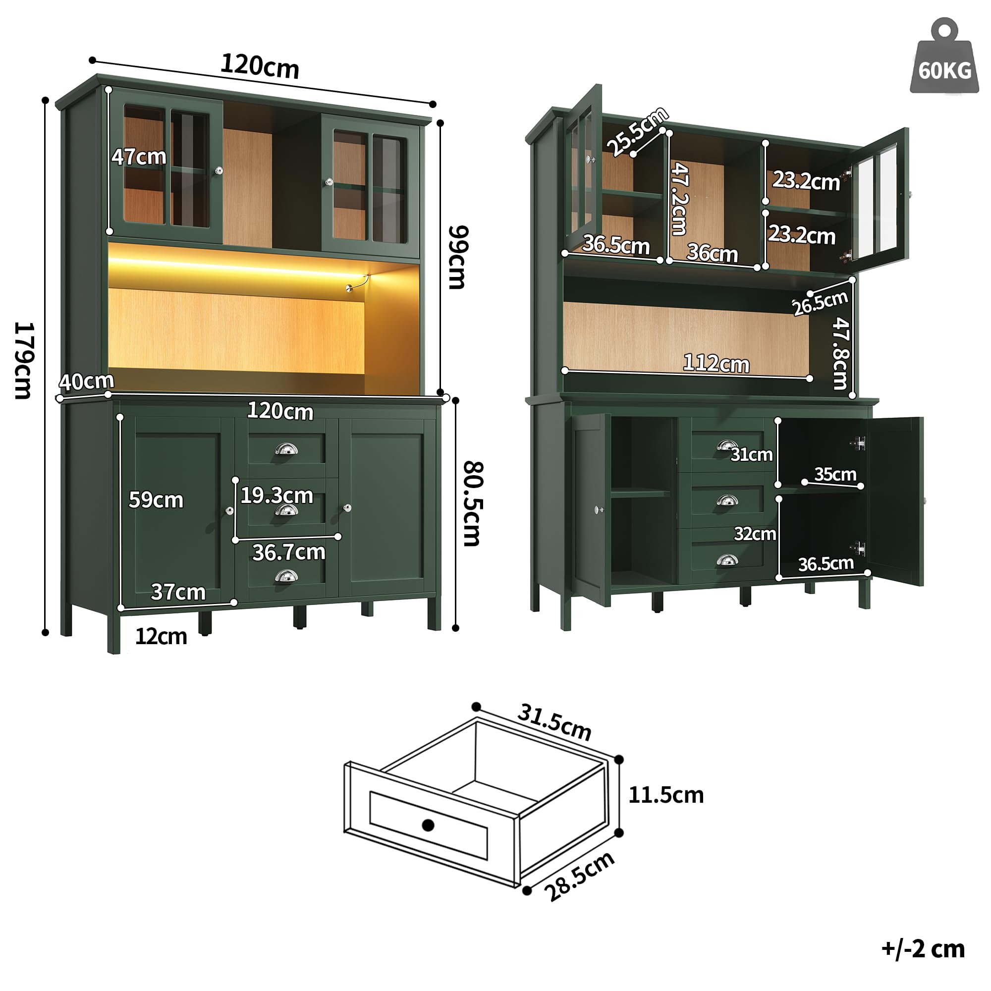 Küchenschrank mit LED-Beleuchtung und Verstellbare Füße, Hochschrank mit Schublade und Aufbewahrungsschrank, Buffetschrank mit Braunen Glastüren, Grün-C, 120x40x179 cm