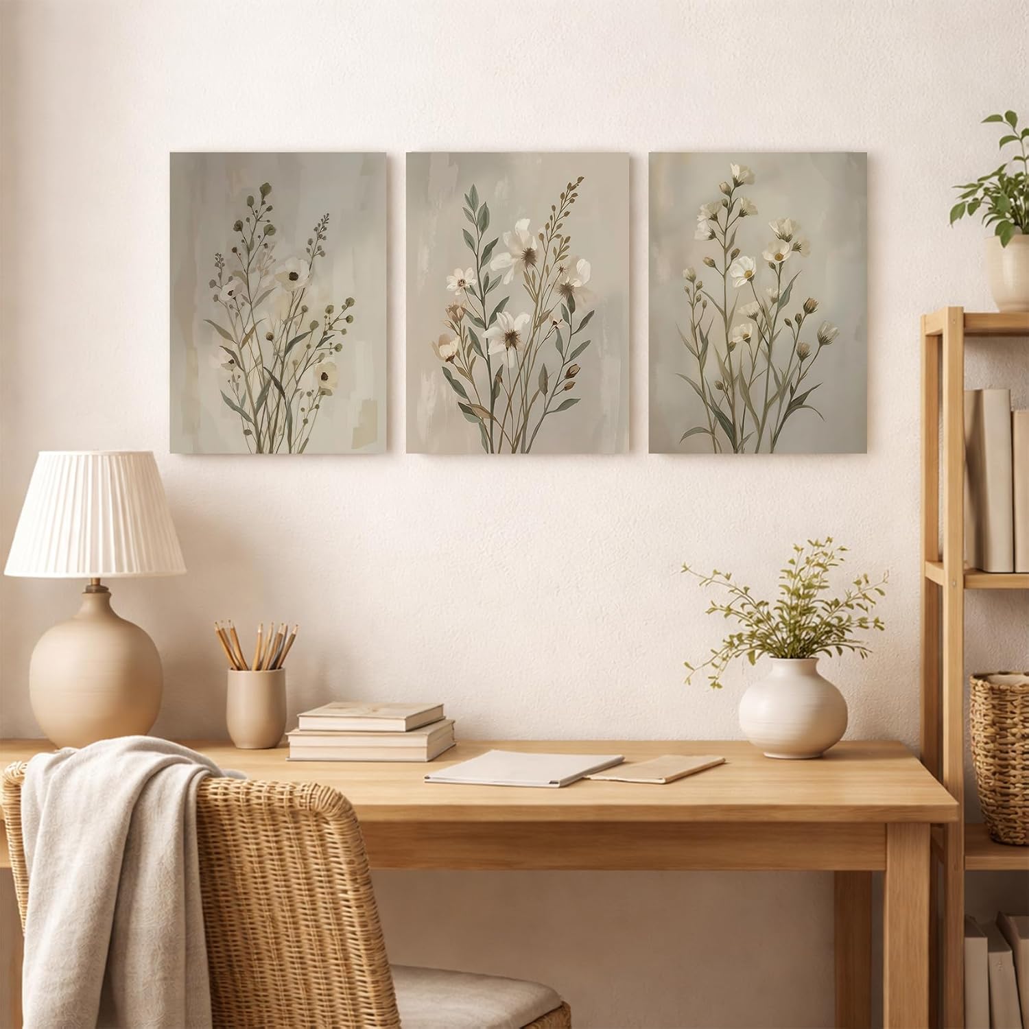 CHTEXA Neutral Floral Canvas Wall Art Set of 3 Botanical Wall Decor Beige Wildflower Prints for Living Room Bedroom Office 16x24 Inch Ready to Hang