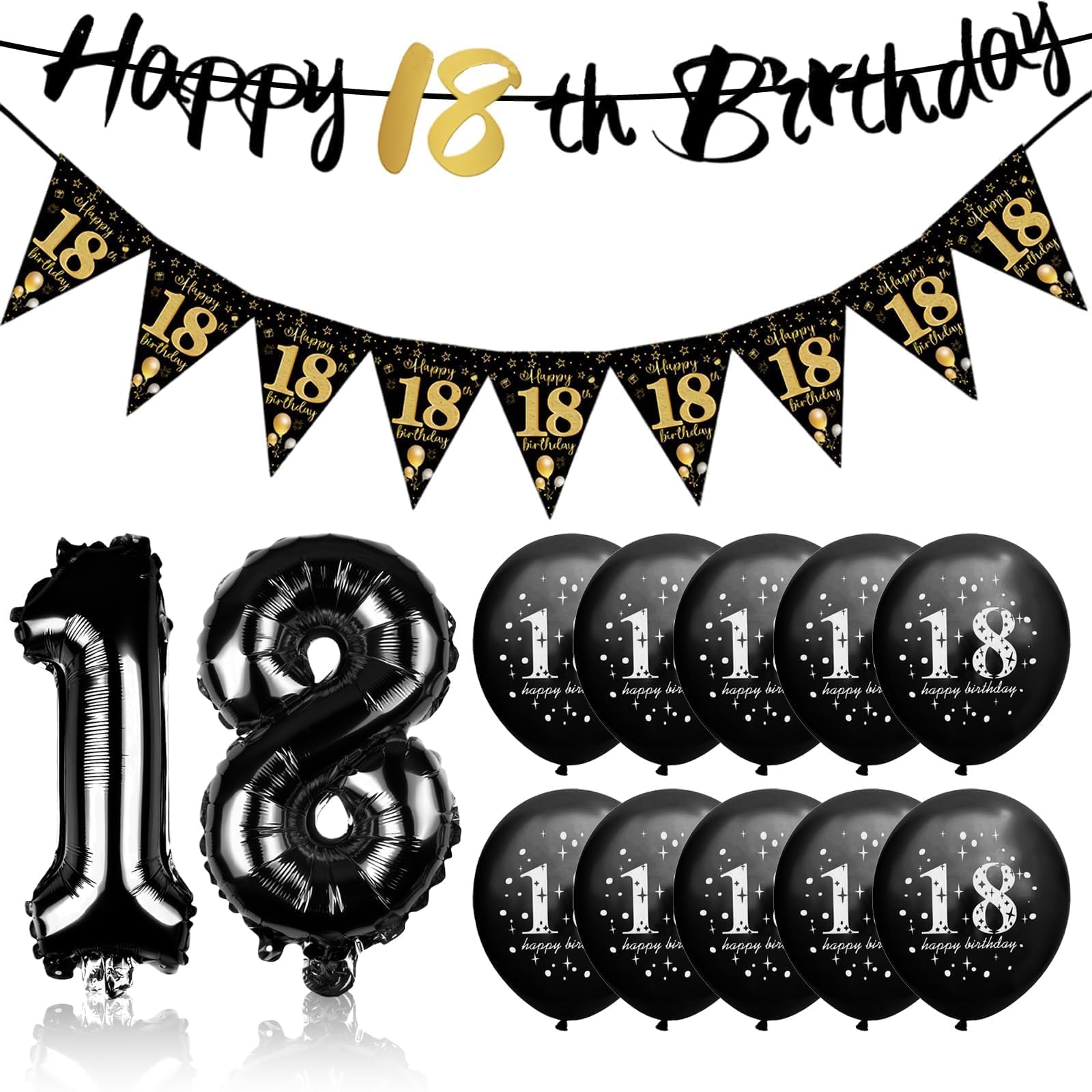 13 PCS 18th Birthday Decorations for Boys Set, 1 Happy 18th Birthday Banners 10 PCS 18 Birthdays Balloons 2 Black Number Balloons, 18 Birthdays Decorations for Girls Balloon Banners