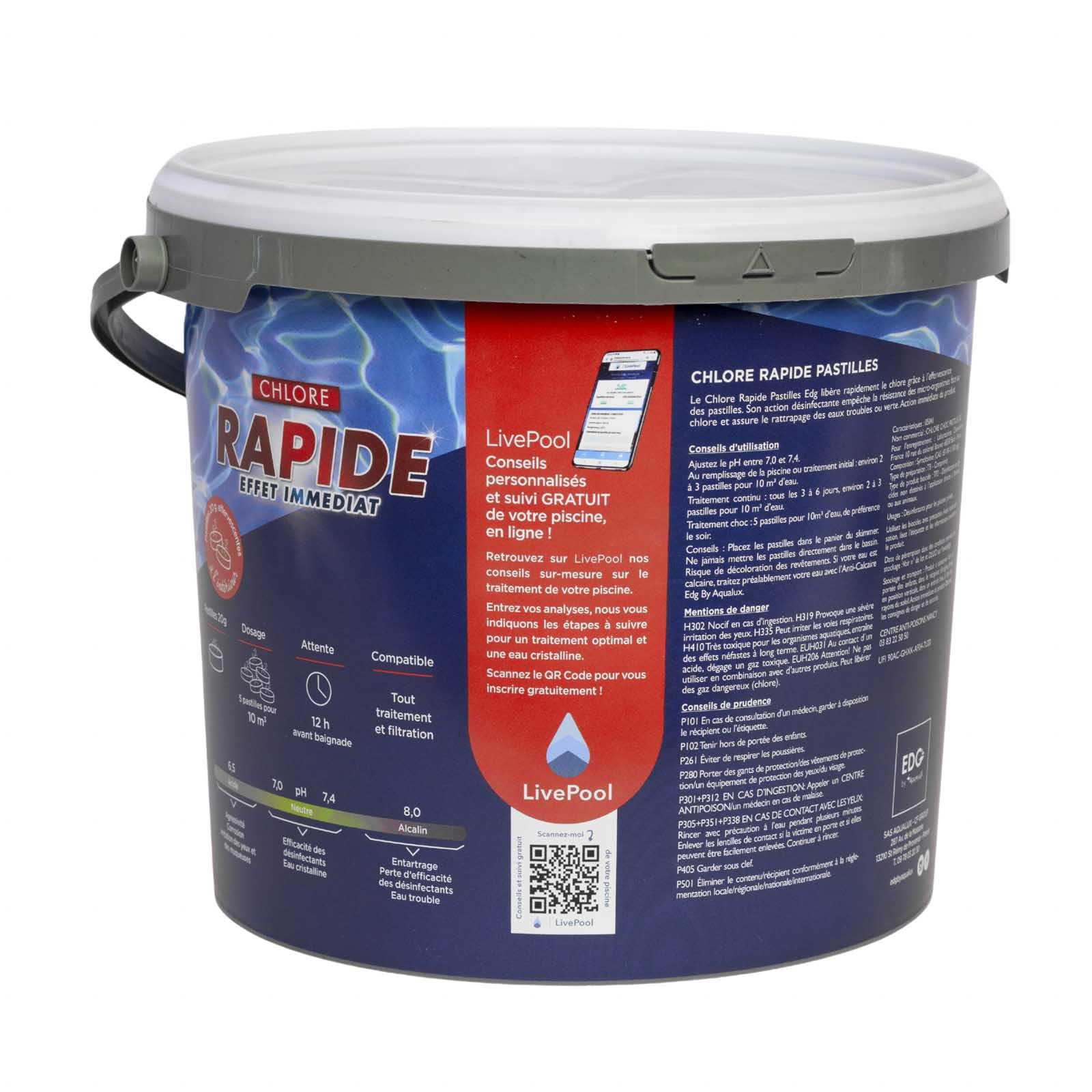 EDG by AQUALUX INTERNATIONAL - Chlore Rapide (Choc) Piscine - Pastilles 20g - Seau 5kg - Effet Immédiat - Spécial Rattrapage Eaux Vertes Usage Intensif Temps Orageux