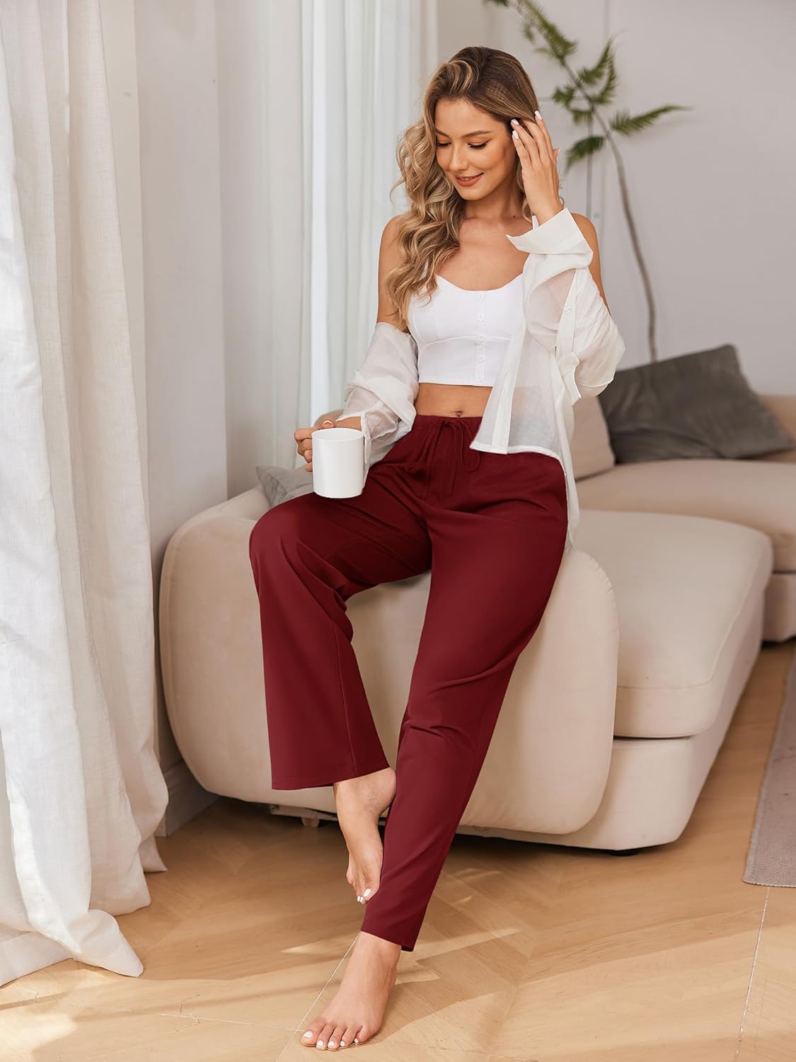 Ekouaer Women's 100% Cotton Pajama Pants Casual Drawstring Pj Bottom Soft Pj Pants - Image 3