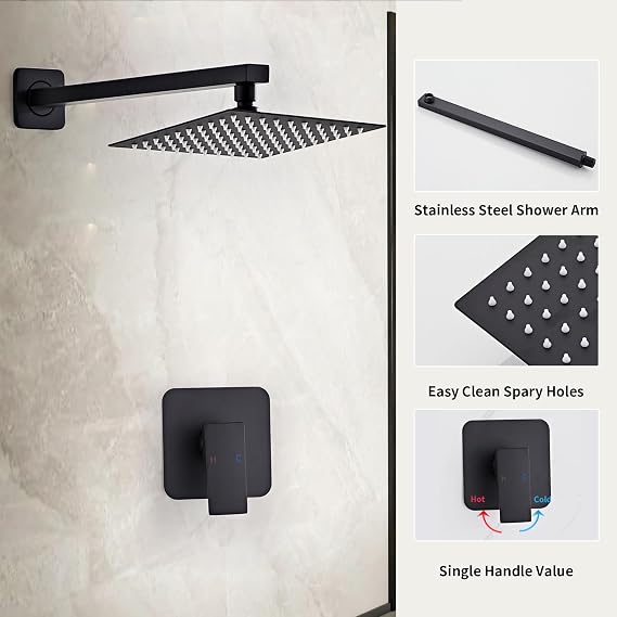Shower Faucet Set Matte Black Bathroom Rain Shower System Wall Mount with 8 Inch Square Shower Head, Single Function Shower Trim Kit with Rough Valve