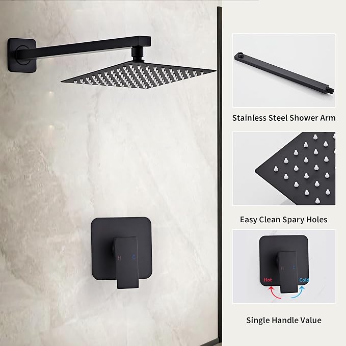 Juego de grifo para ducha negro mate, sistema de ducha tipo lluvia para baño con cabezal cuadrado de 8 pulgadas y montaje en pared miniatura 5