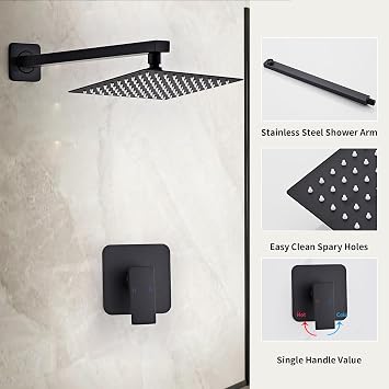 Shower Faucet Set Matte Black Bathroom Rain Shower System Wall Mount with 8 Inch Square Shower Head, Single Function Shower Trim Kit with Rough Valve