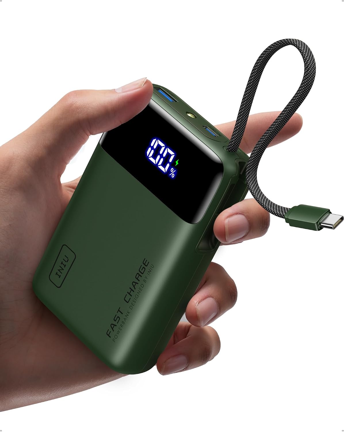 Portable Charger, Smaller 45W Fast Charging Power Bank, 20000mAh Green | Flight-Safe, Built in USB-C Cable, Travel Essentials, Battery Phone Pack for iPhone 17 16 15 Pro, Samsung S26 S25, iPad etc