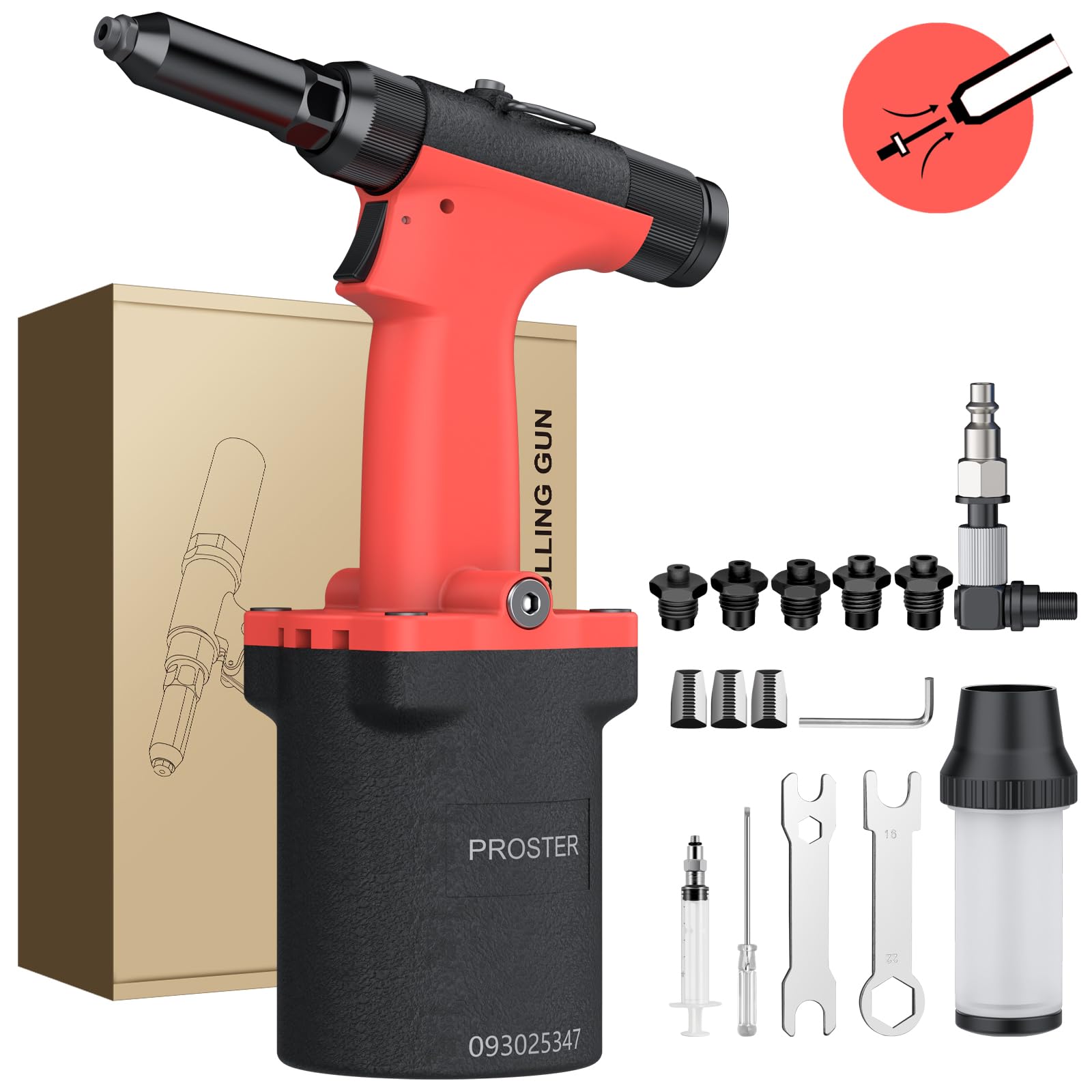 Proster Remachadora Neumatica Autoaspirante 1400KGF Pistola Remachadora de Aire con 360°Conector de Aire Giratorio y 5 Tamaños de Boquilla 2,4-6,4mm para Mecánicos, Marinos y Automoción
