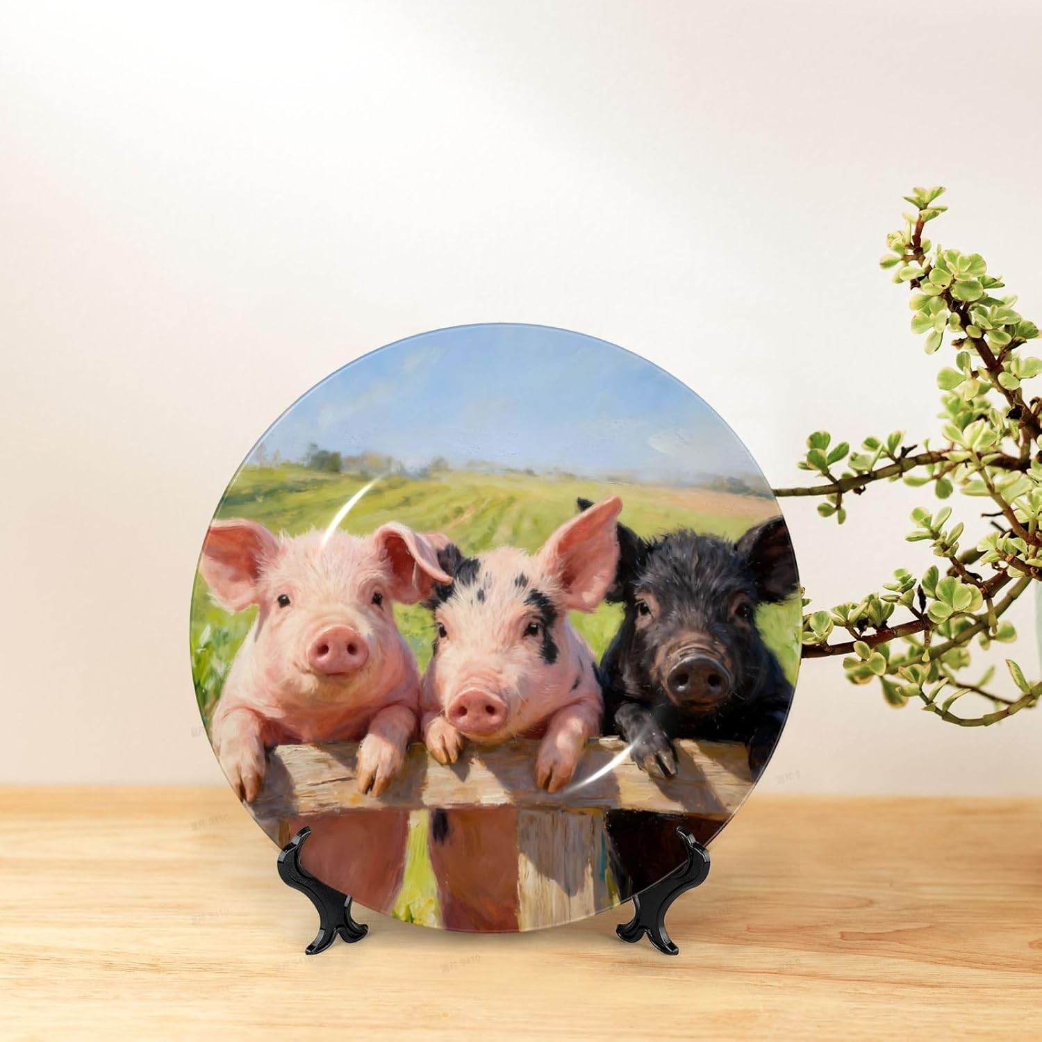 Three Cute Pigs Style Ceramic Plate Display Decorative Plate With Stand Wall Hanging Plate For Home Decor 10 Inch