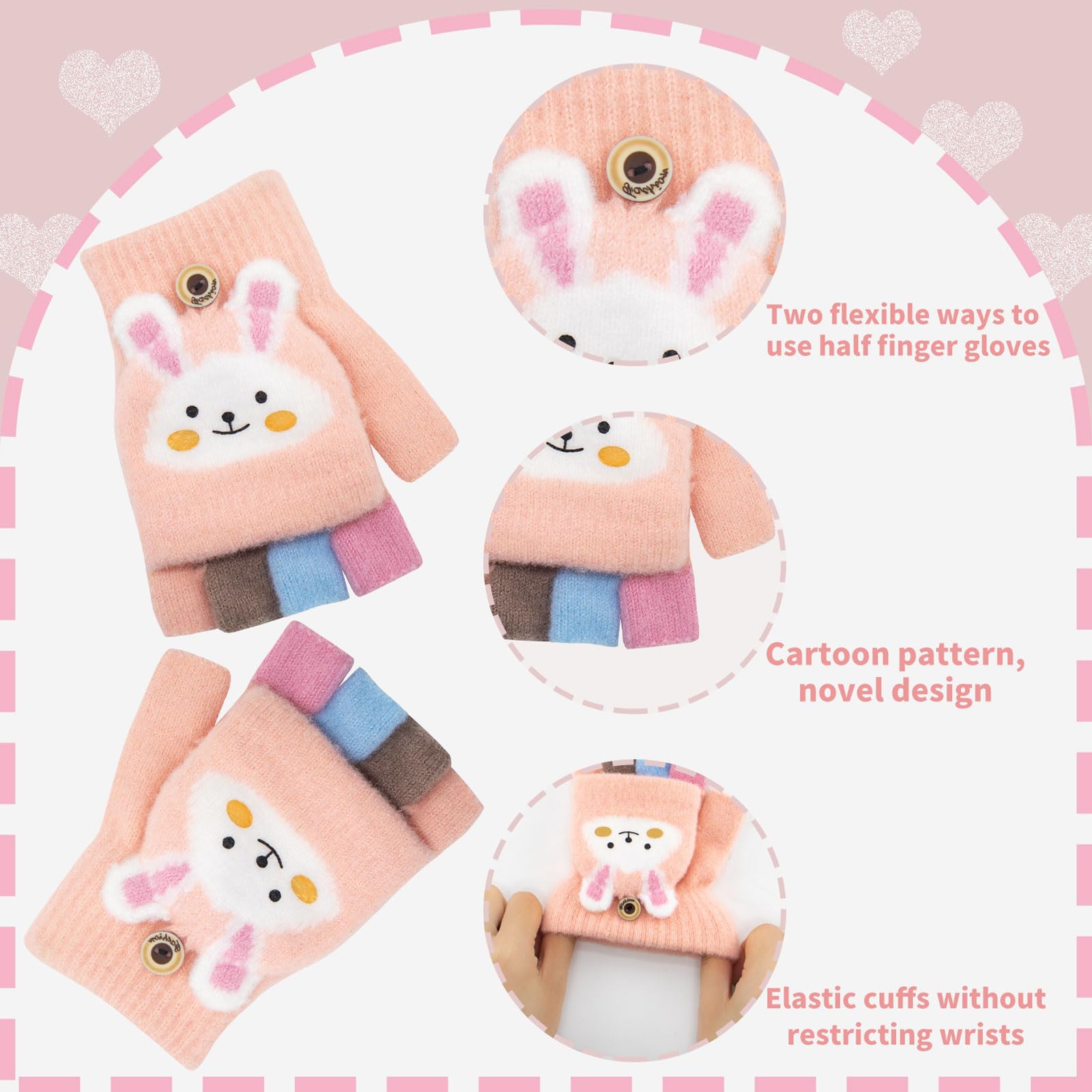 Guantes para niños sin dedos Invierno cálido convertible Flip Top Guantes suave forro de punto y elástico Cute Cartoon para Niños Niño Niñas 7-10 Años