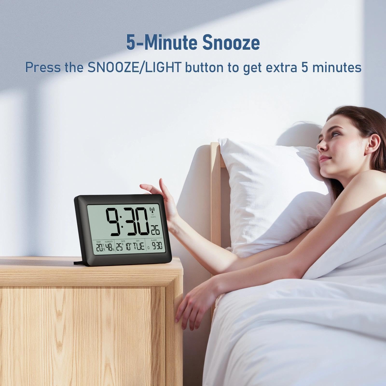 LATEC Orologio, Sveglia Digitale Radio Controllata con Ampio Schermo LCD da 7,5" - Orologio Digitale a Batteria con Temperatura/Umidità/Calendario - Sveglia/Funzione Snooze – Retroilluminazione