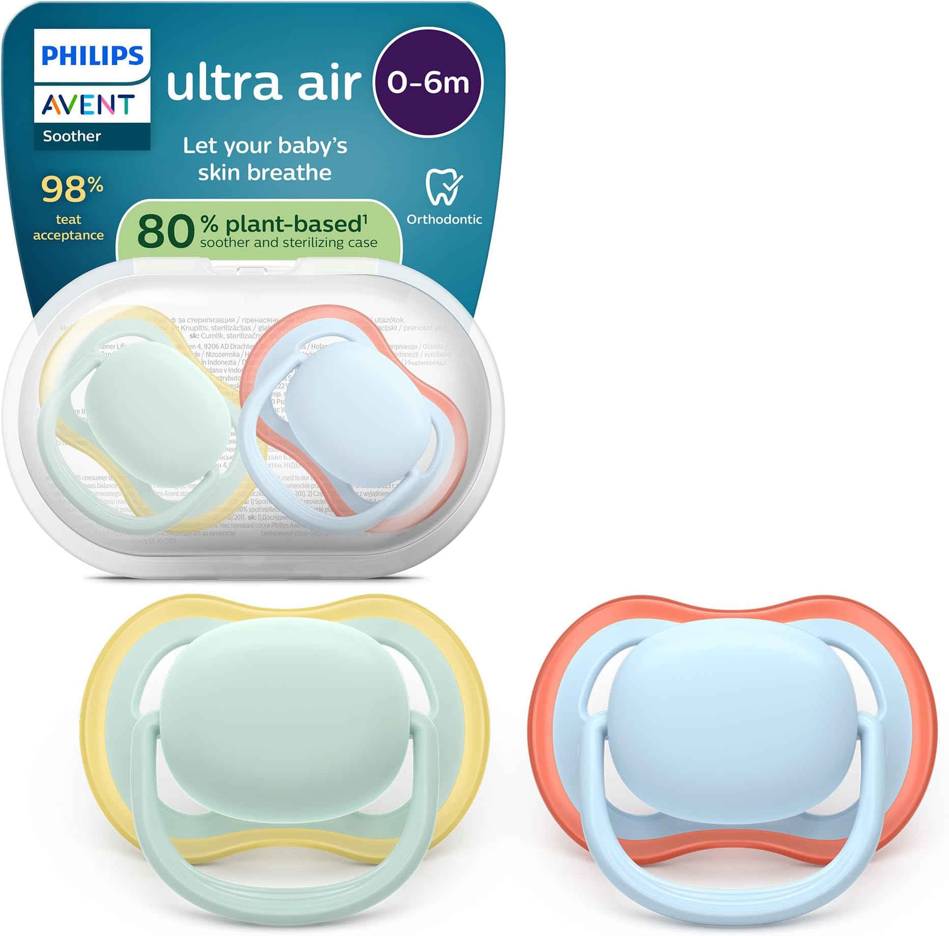 Philips Avent Ultra Air Soothers - Orthodontic Design, for Babies 0-6 Months, Soft Silicone Symmetrical Teat, BPA-Free, with Sterilizing Case, 2 Pack, SCF087/01